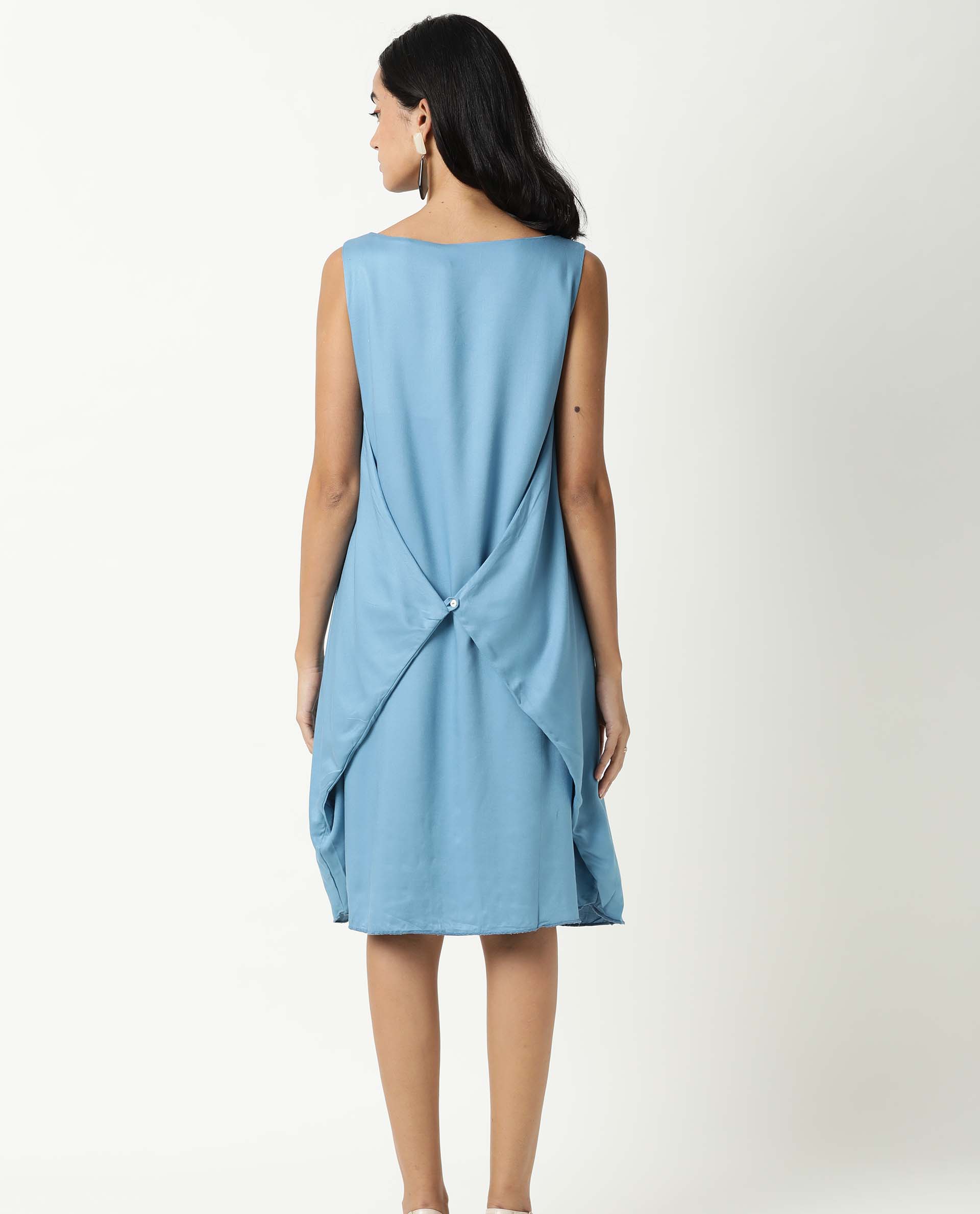 Rareism Women Clenzo Blue Round Neck Sleeveless Wrap Around Panel Mini Dress
