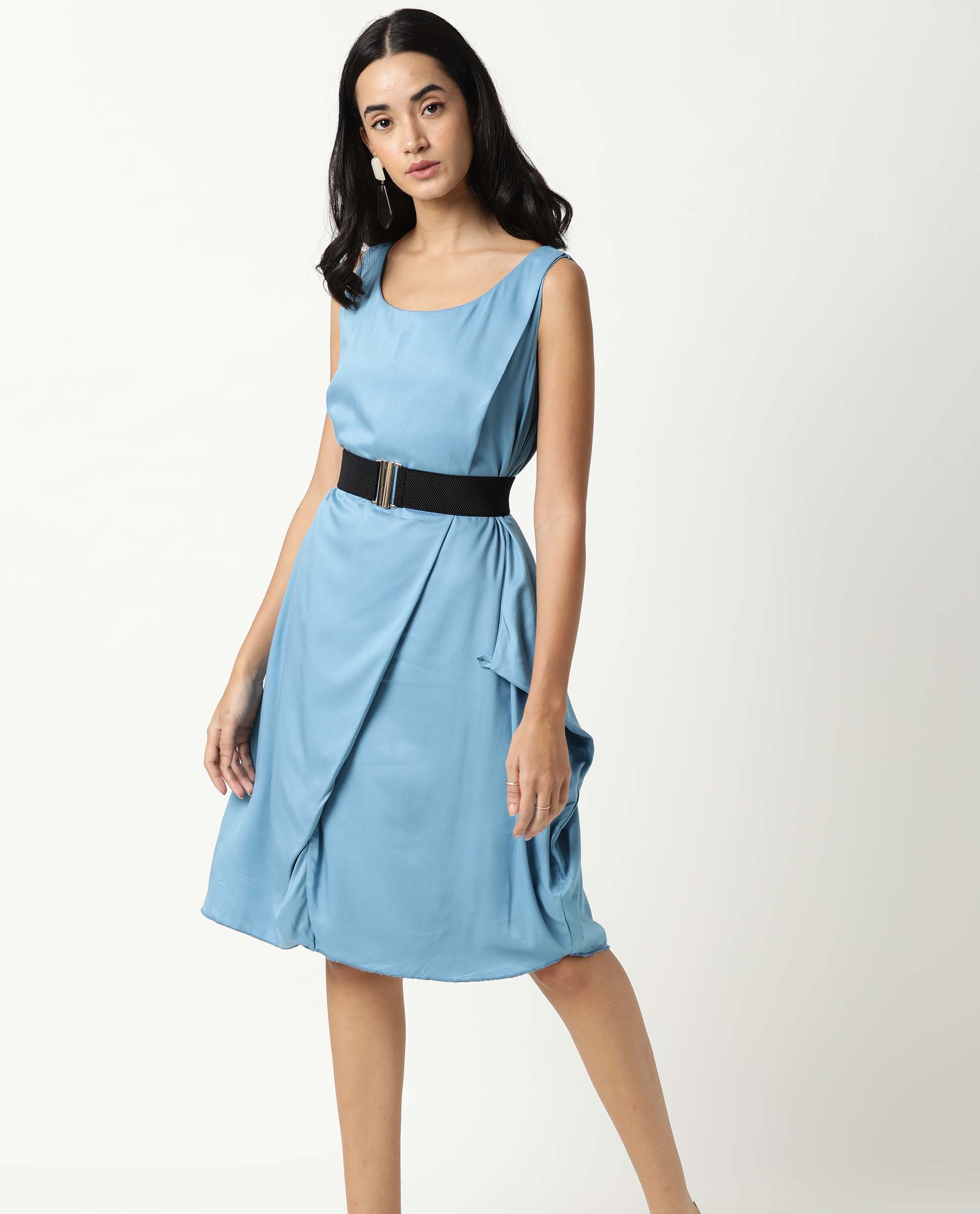 Rareism Women Clenzo Blue Round Neck Sleeveless Wrap Around Panel Mini Dress