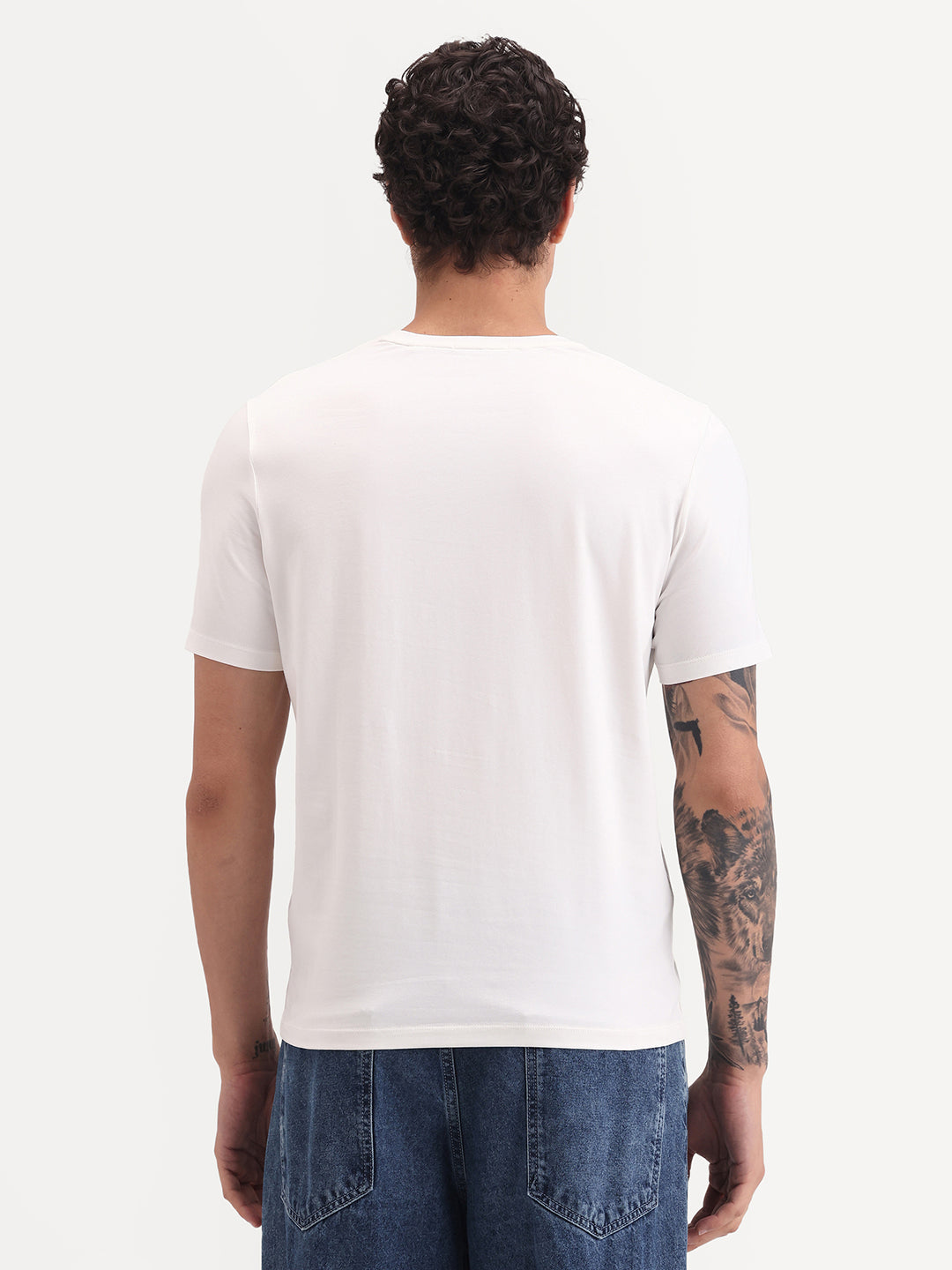 Rare Rabbit Men's Vday Off White Cotton Blend Fabric Half Sleeve Crew Neck Regular Fit Graphic Print T-Shirt