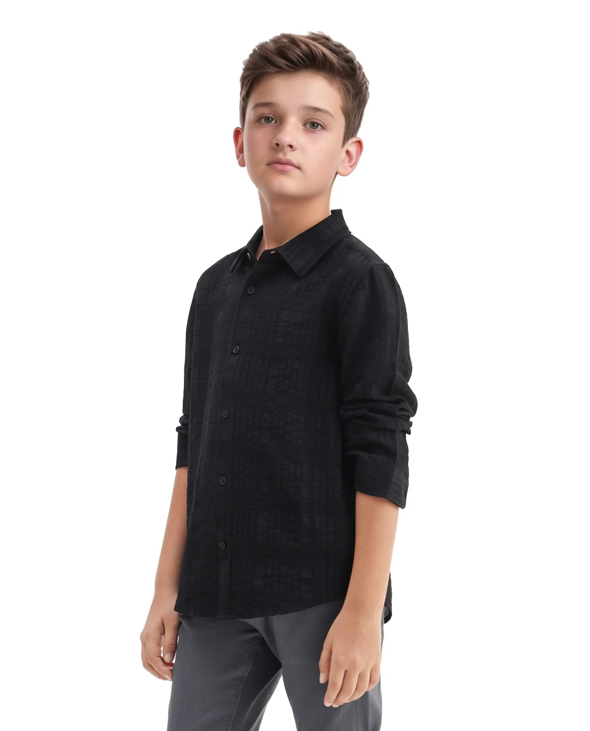 Rare Ones Kids Vack-K Black Viscose Blend Textured Button Closure Regular Fit Shirt
