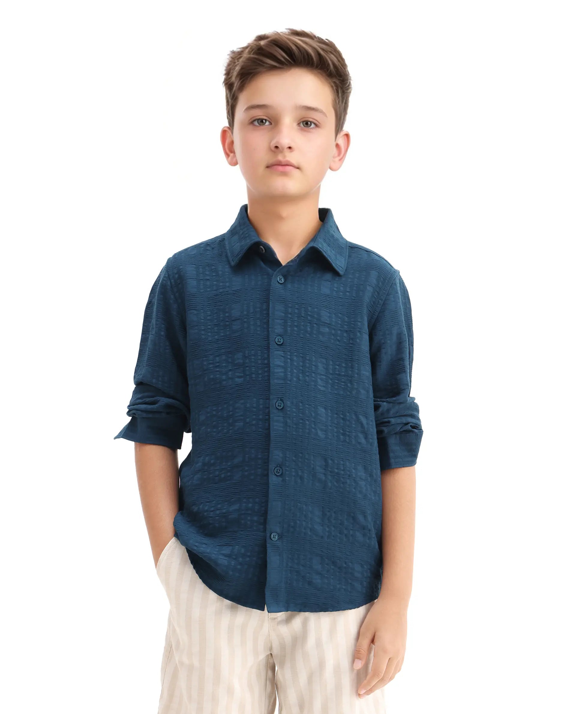 Rare Ones Kids Vack-K Teal Viscose Blend Textured Button Closure Regular Fit Shirt