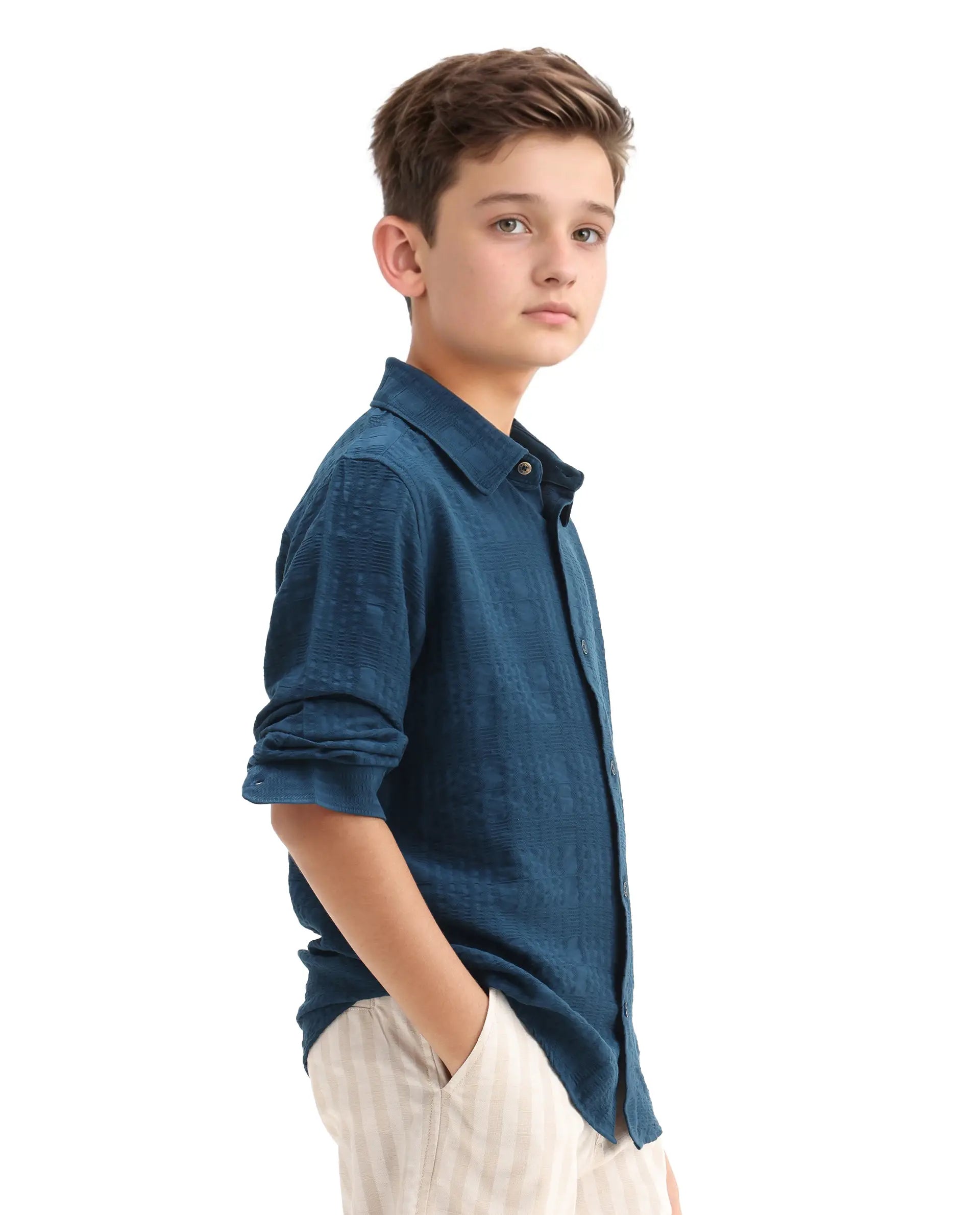 Rare Ones Kids Vack-K Teal Viscose Blend Textured Button Closure Regular Fit Shirt
