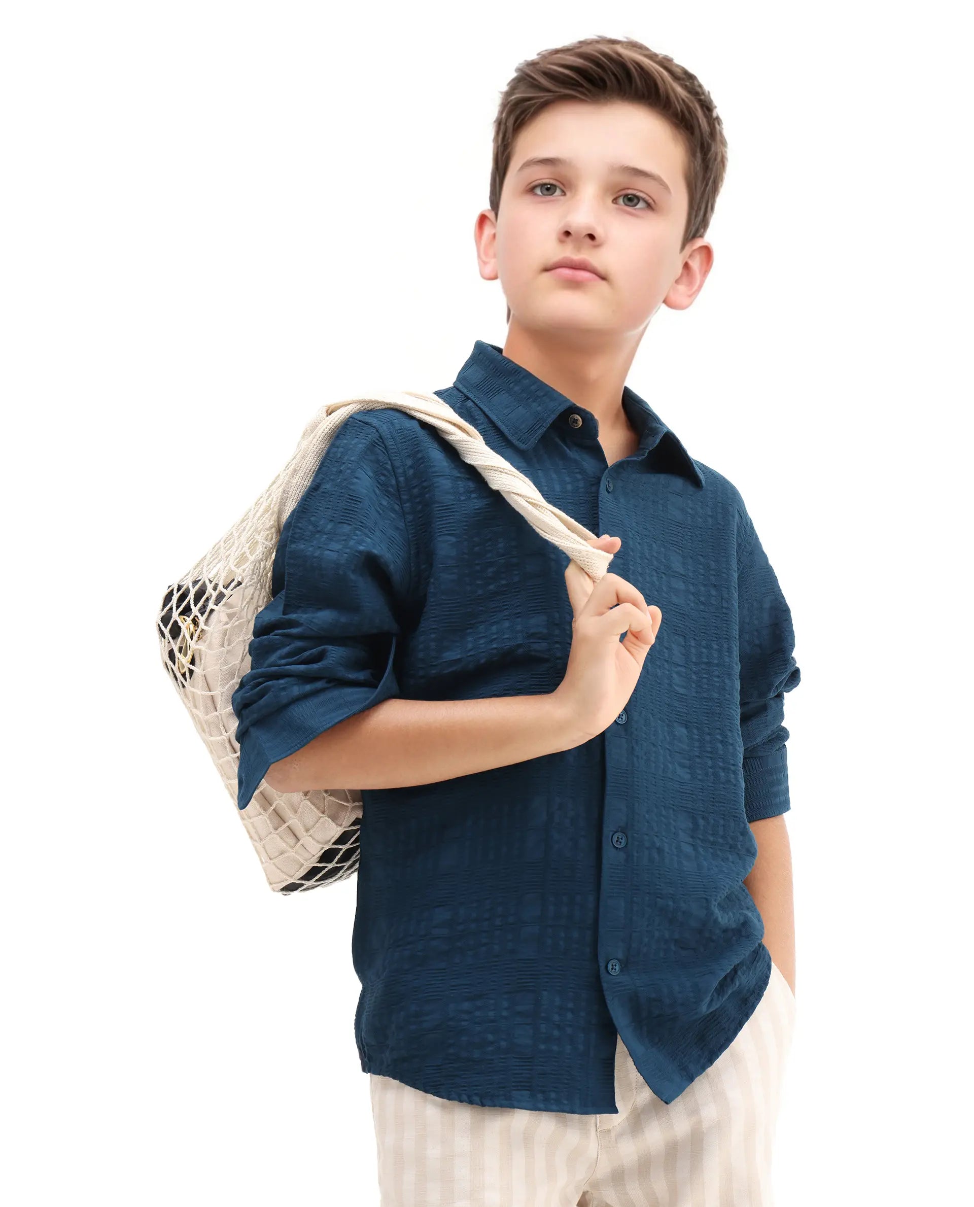 Rare Ones Kids Vack-K Teal Viscose Blend Textured Button Closure Regular Fit Shirt