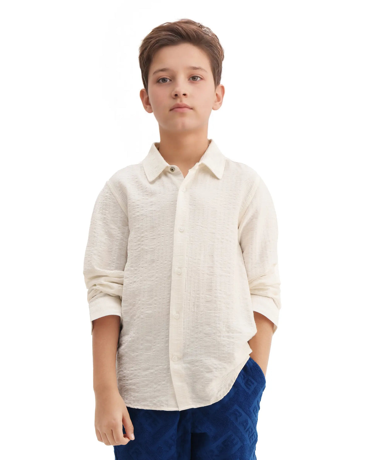 Rare Ones Kids Vack-K White Viscose Blend Textured Button Closure Regular Fit Shirt