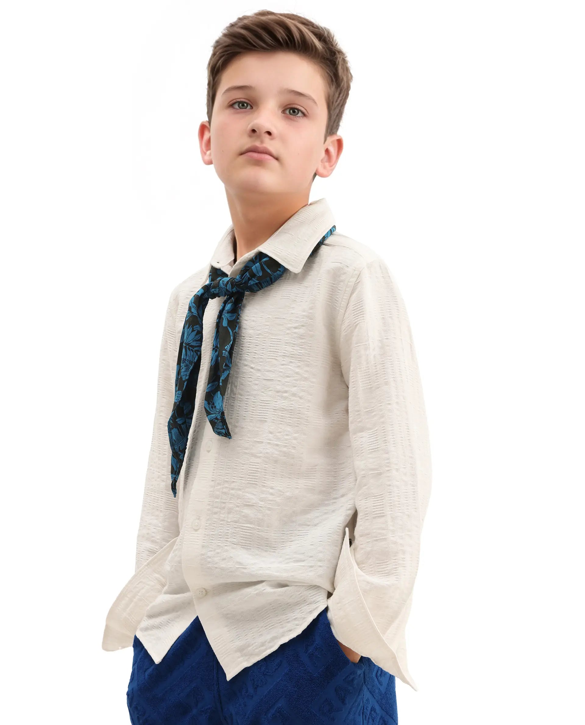Rare Ones Kids Vack-K White Viscose Blend Textured Button Closure Regular Fit Shirt