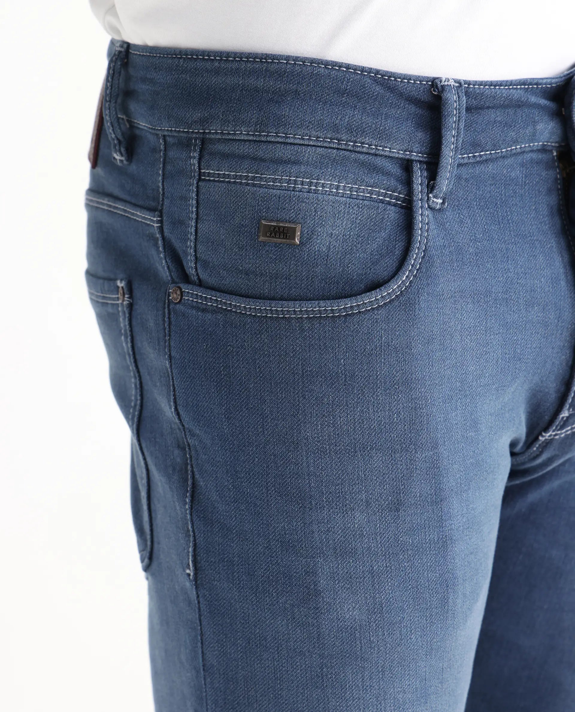 Rare Rabbit Men's Vadim Blue Cotton Plain Hawk Slim Fit Jeans