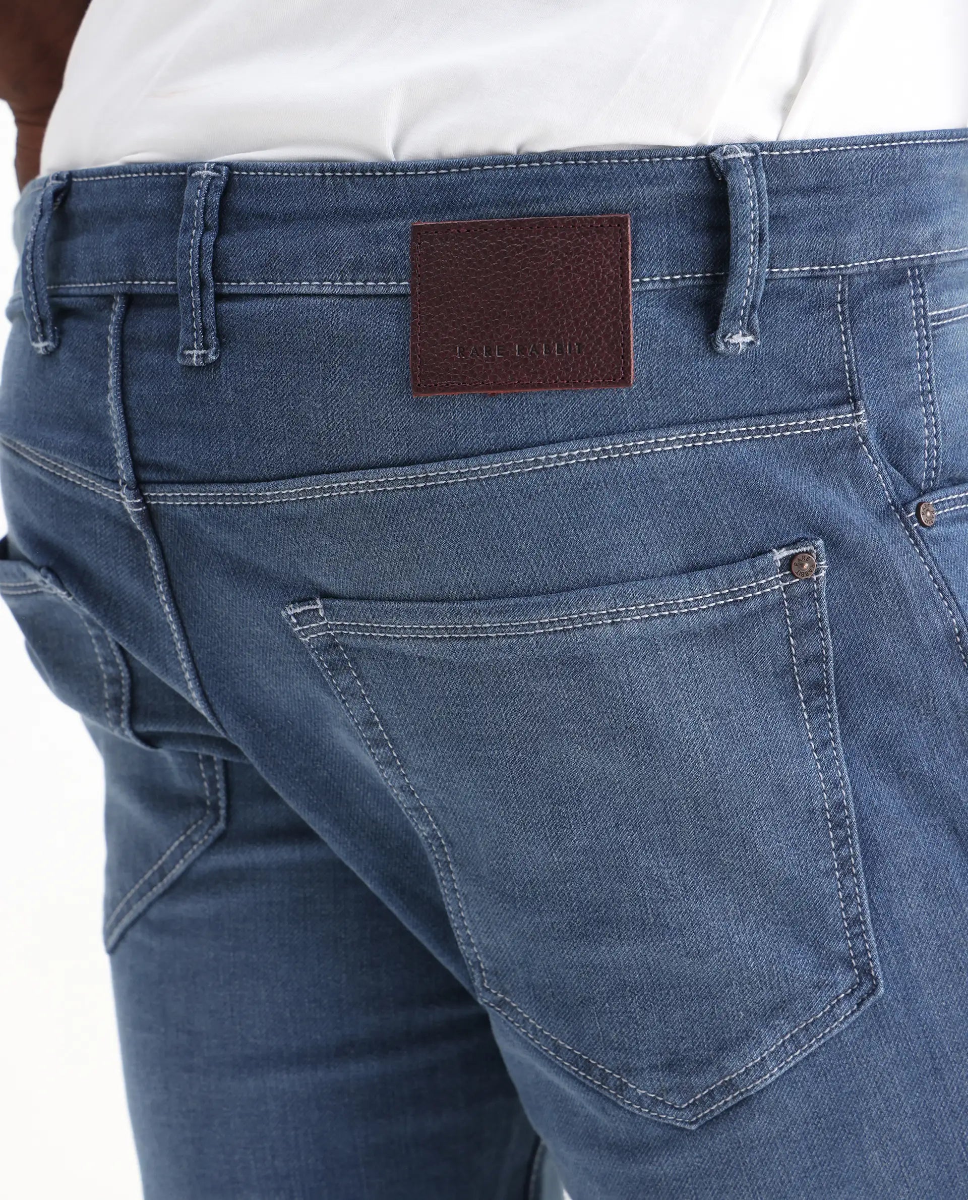 Rare Rabbit Men's Vadim Blue Cotton Plain Hawk Slim Fit Jeans