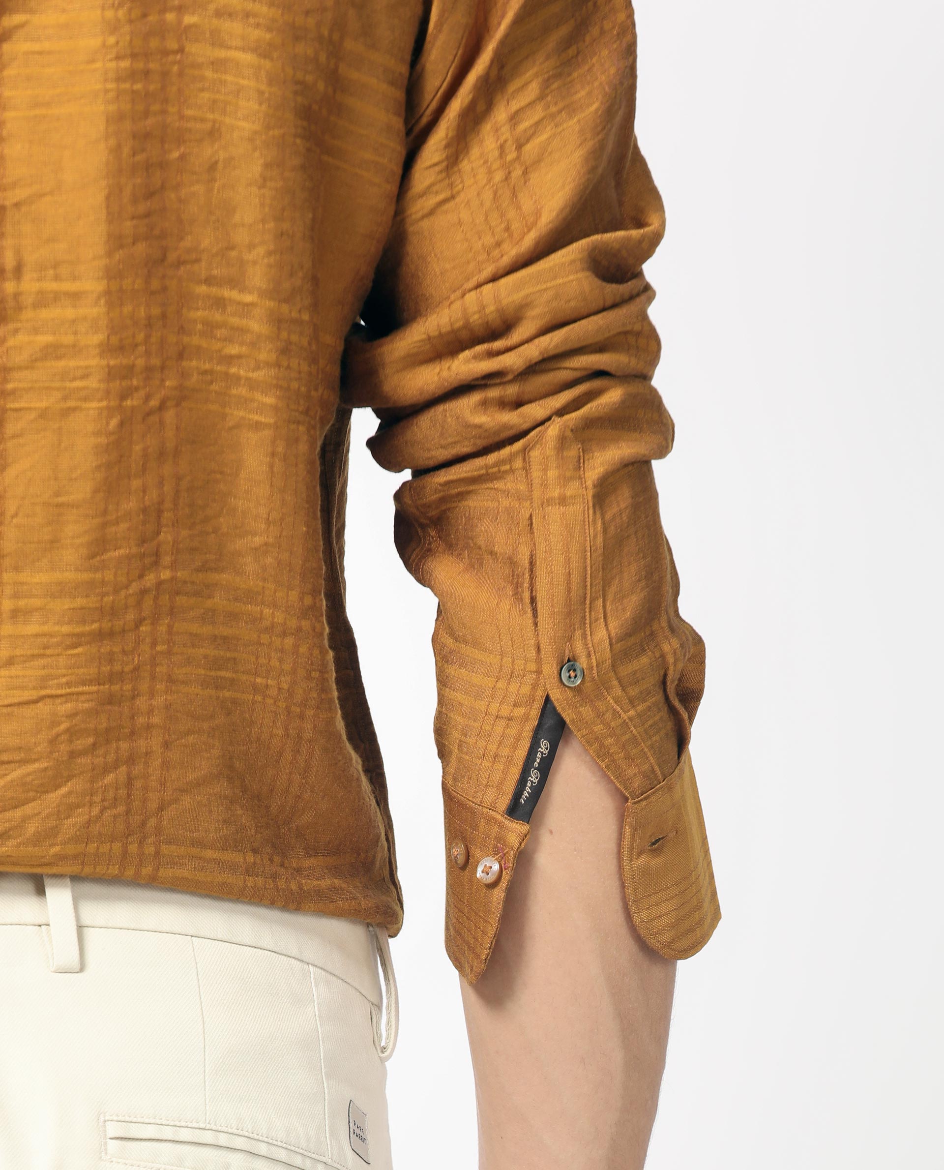 Rare Rabbit Men's Vagen Mustard Viscose Nylon Fabric Full Sleeves Checks Shirt