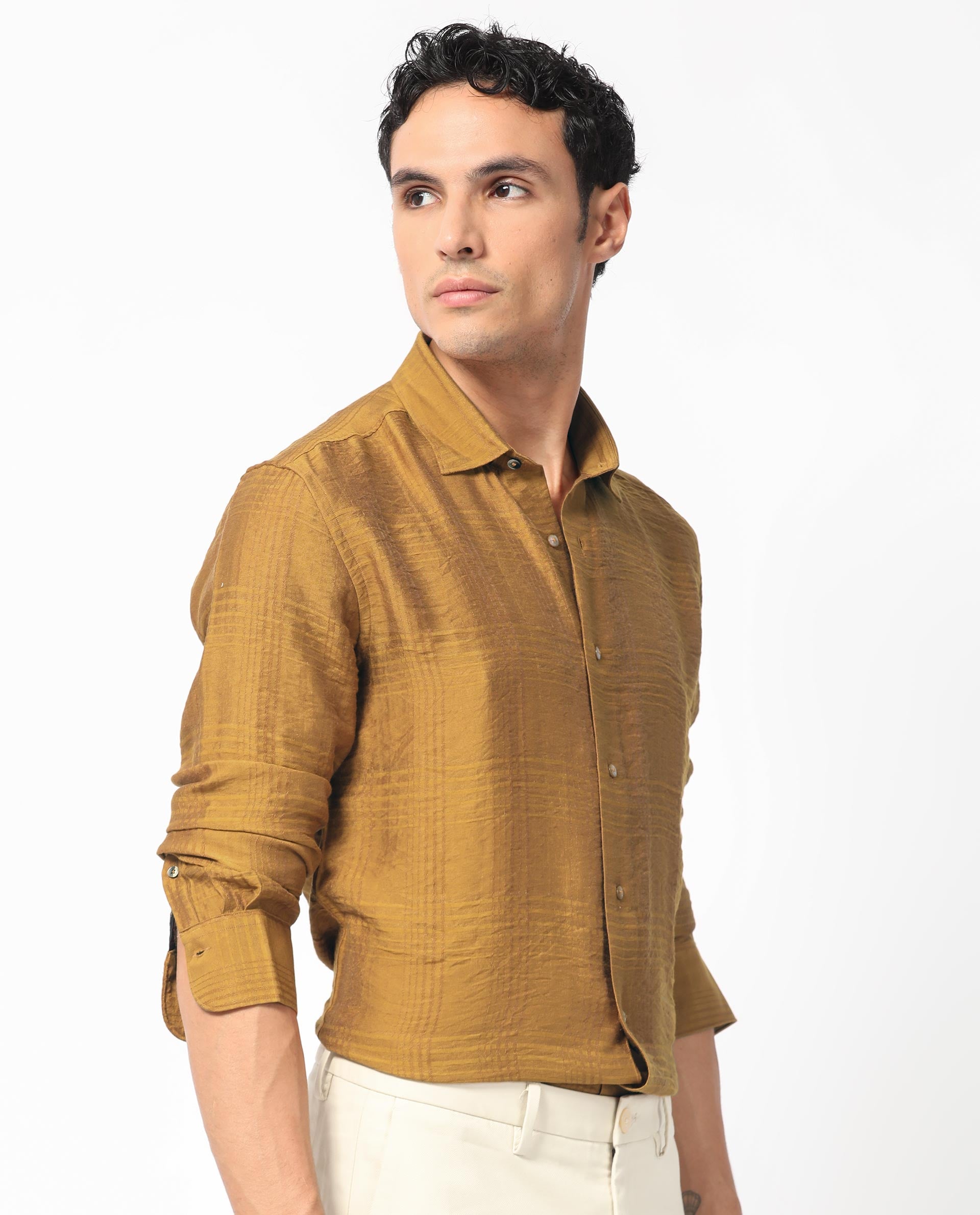 Rare Rabbit Men's Vagen Mustard Viscose Nylon Fabric Full Sleeves Checks Shirt