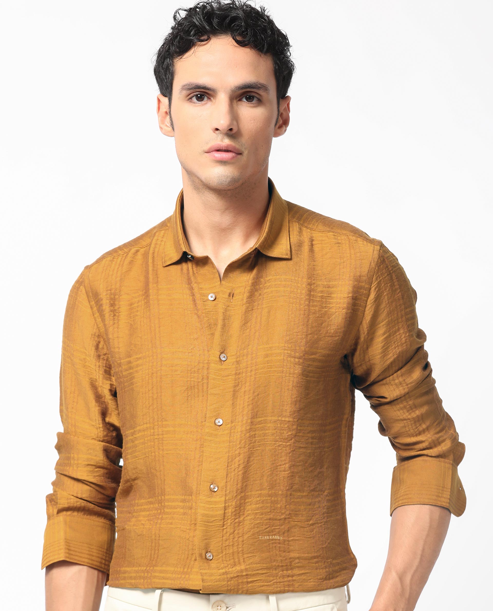 Rare Rabbit Men's Vagen Mustard Viscose Nylon Fabric Full Sleeves Checks Shirt