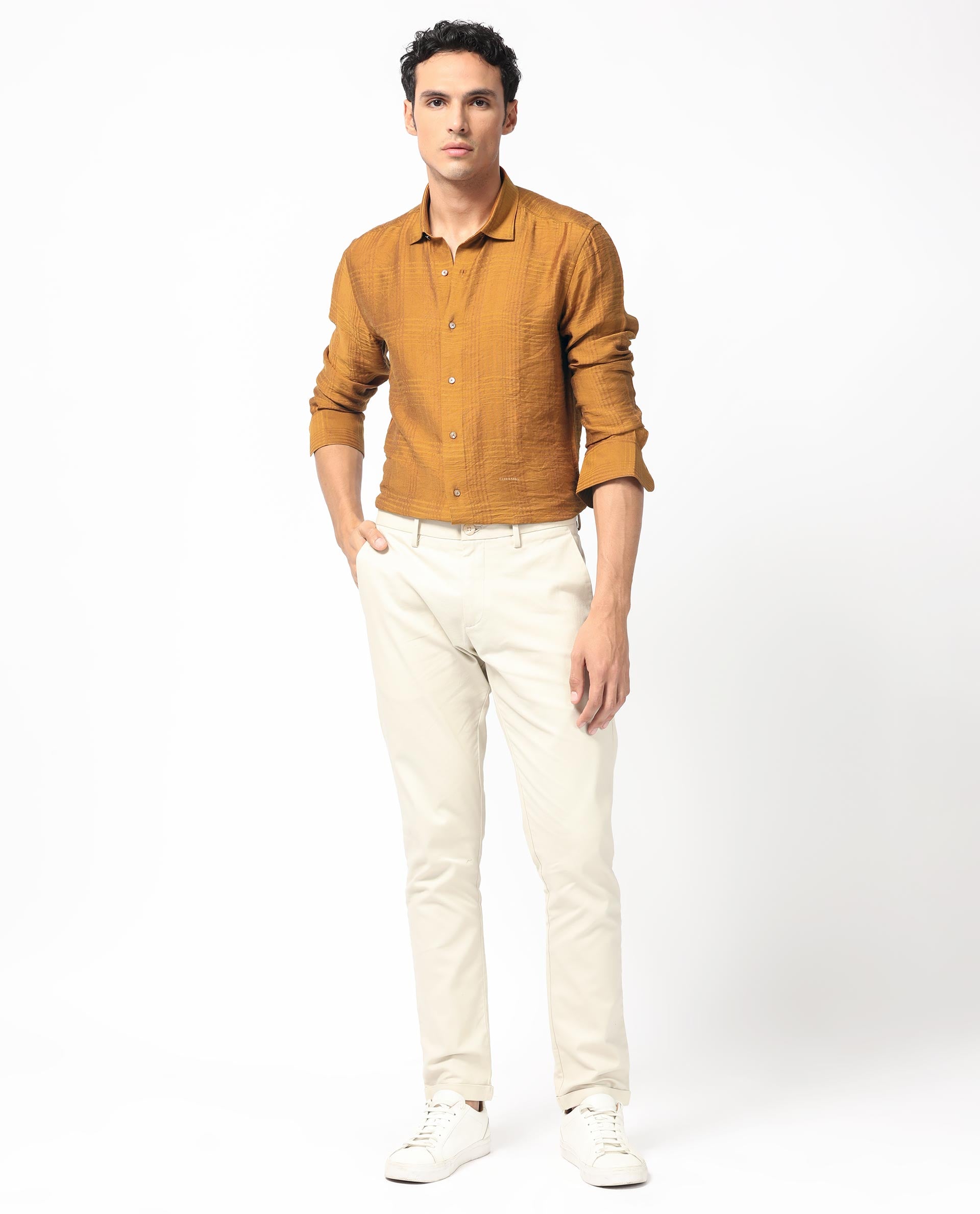 Rare Rabbit Men's Vagen Mustard Viscose Nylon Fabric Full Sleeves Checks Shirt