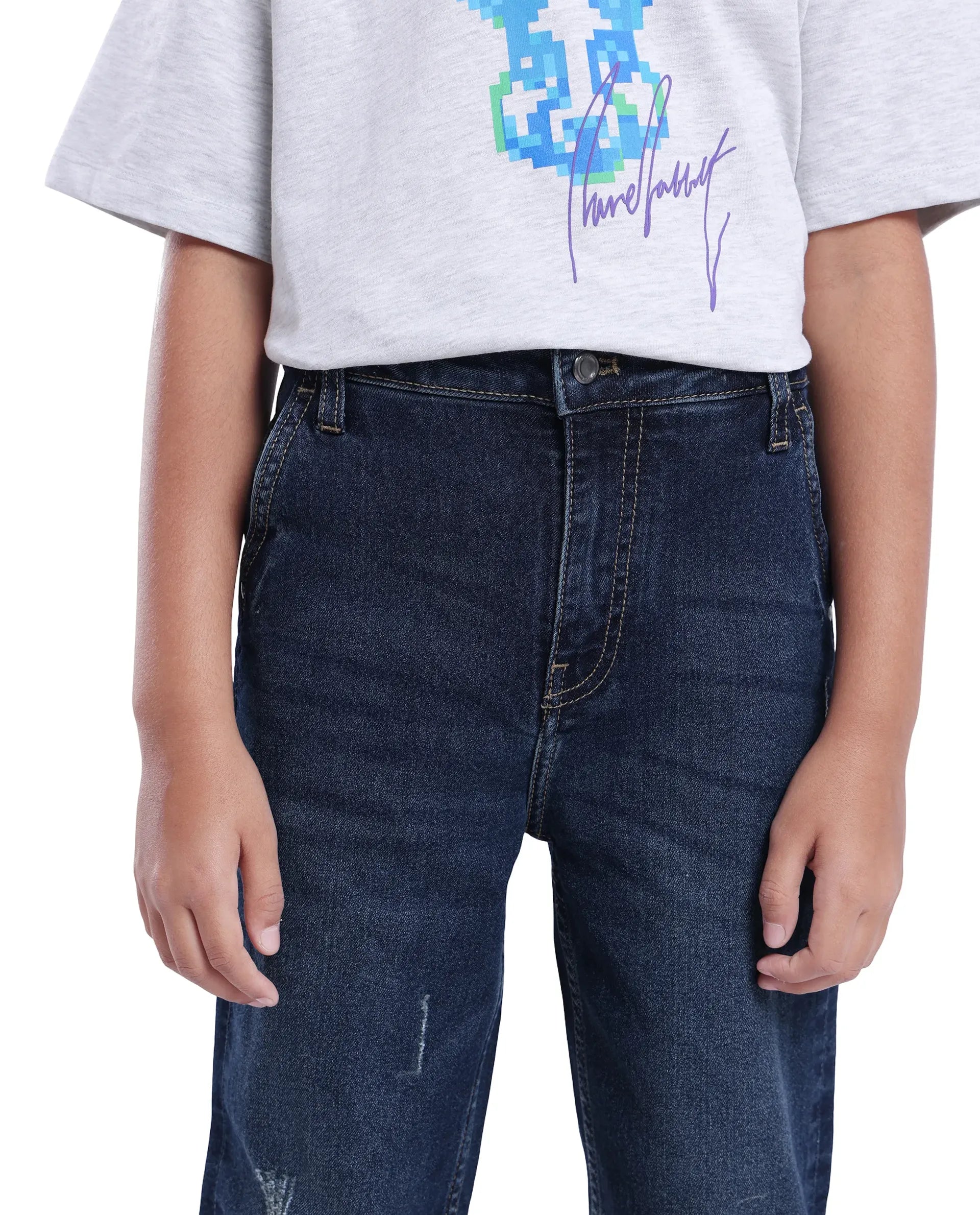 Rare Ones Kids Vail Dark Blue Cotton Solid Button And Zip Closure Wide Leg Fit Jeans