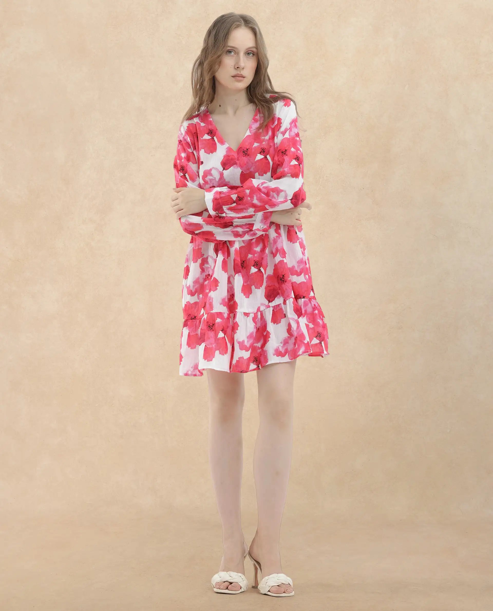 Rareism Women Valan Pink Cotton Fabric Full Sleeves V-Neck Fit And Flare Floral Print Mini Dress