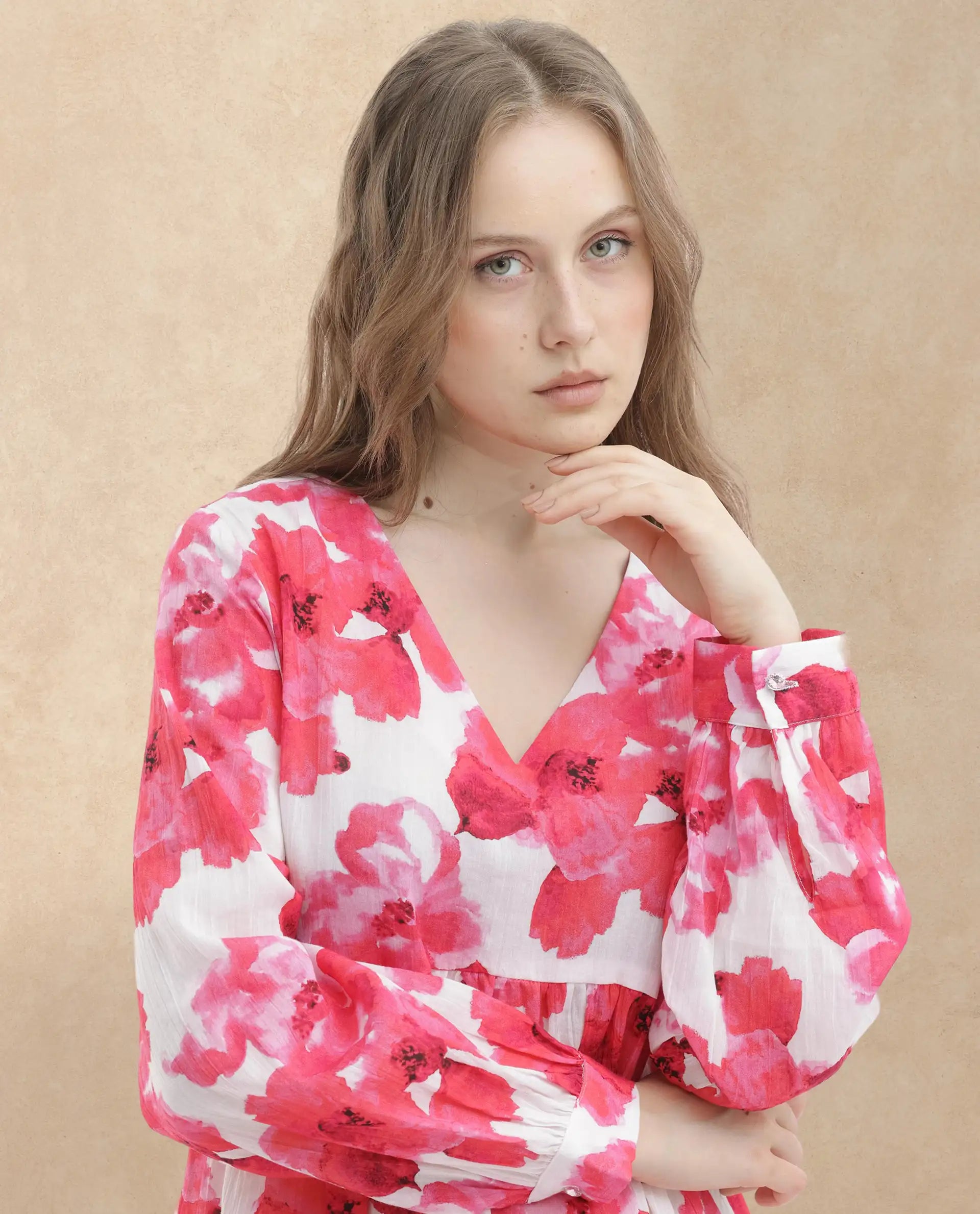 Rareism Women Valan Pink Cotton Fabric Full Sleeves V-Neck Fit And Flare Floral Print Mini Dress