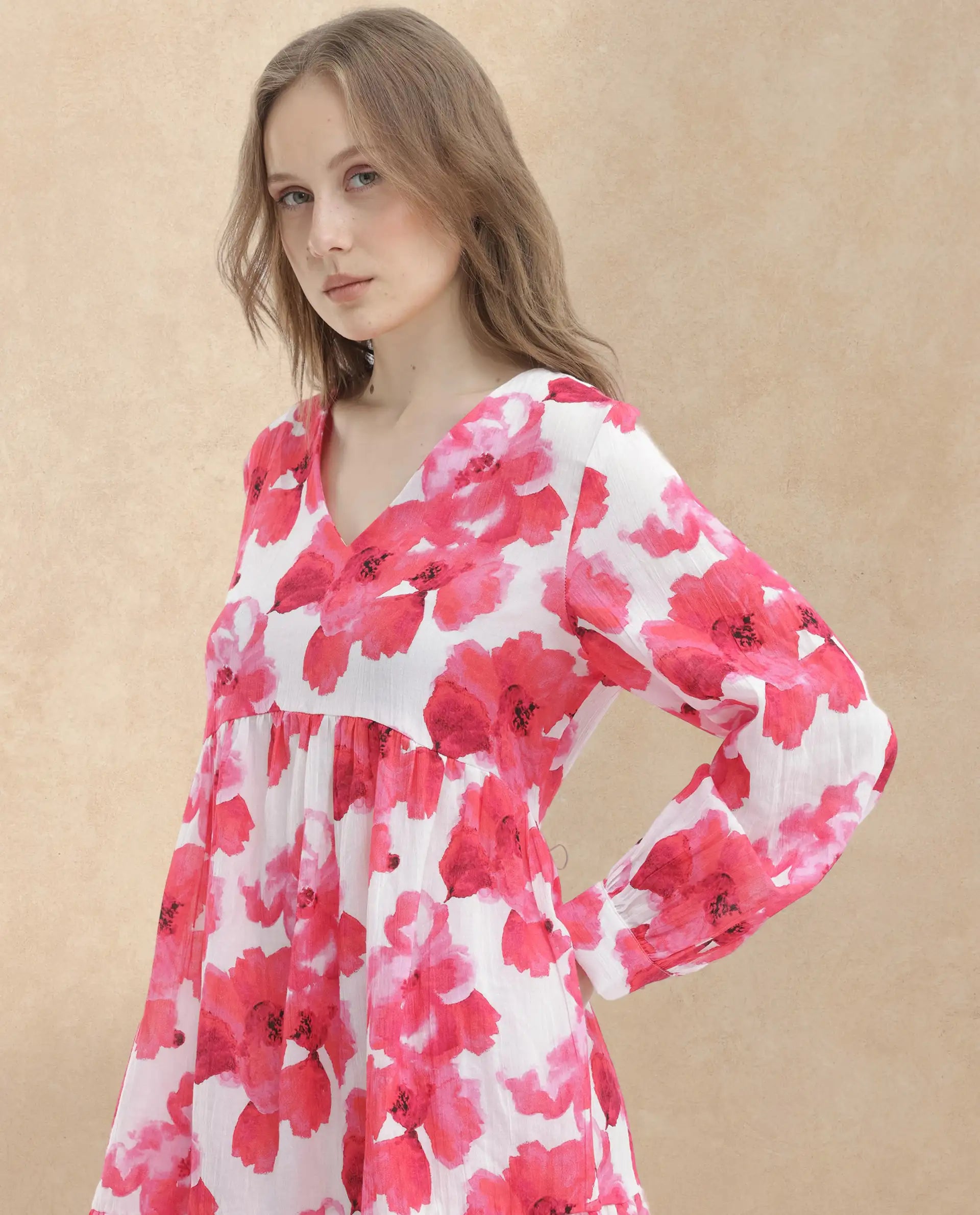 Rareism Women Valan Pink Cotton Fabric Full Sleeves V-Neck Fit And Flare Floral Print Mini Dress