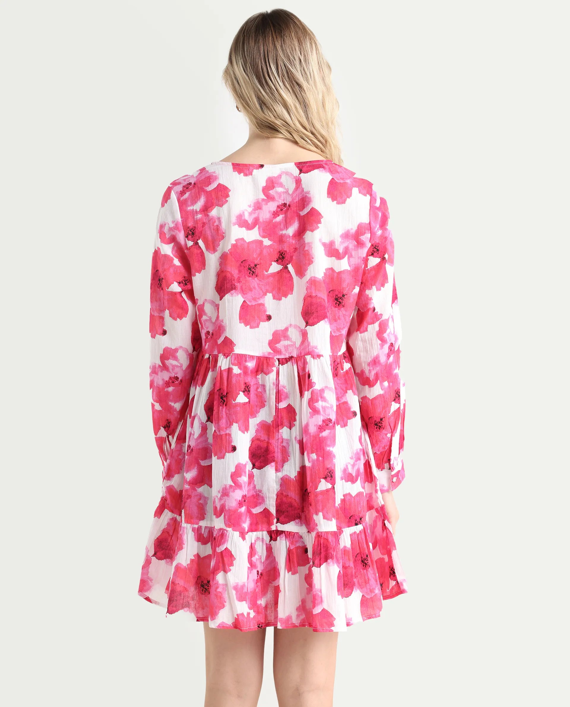 Rareism Women's Valan Pink Cotton V-Neck Floral Print Mini Fit And Flare Dress