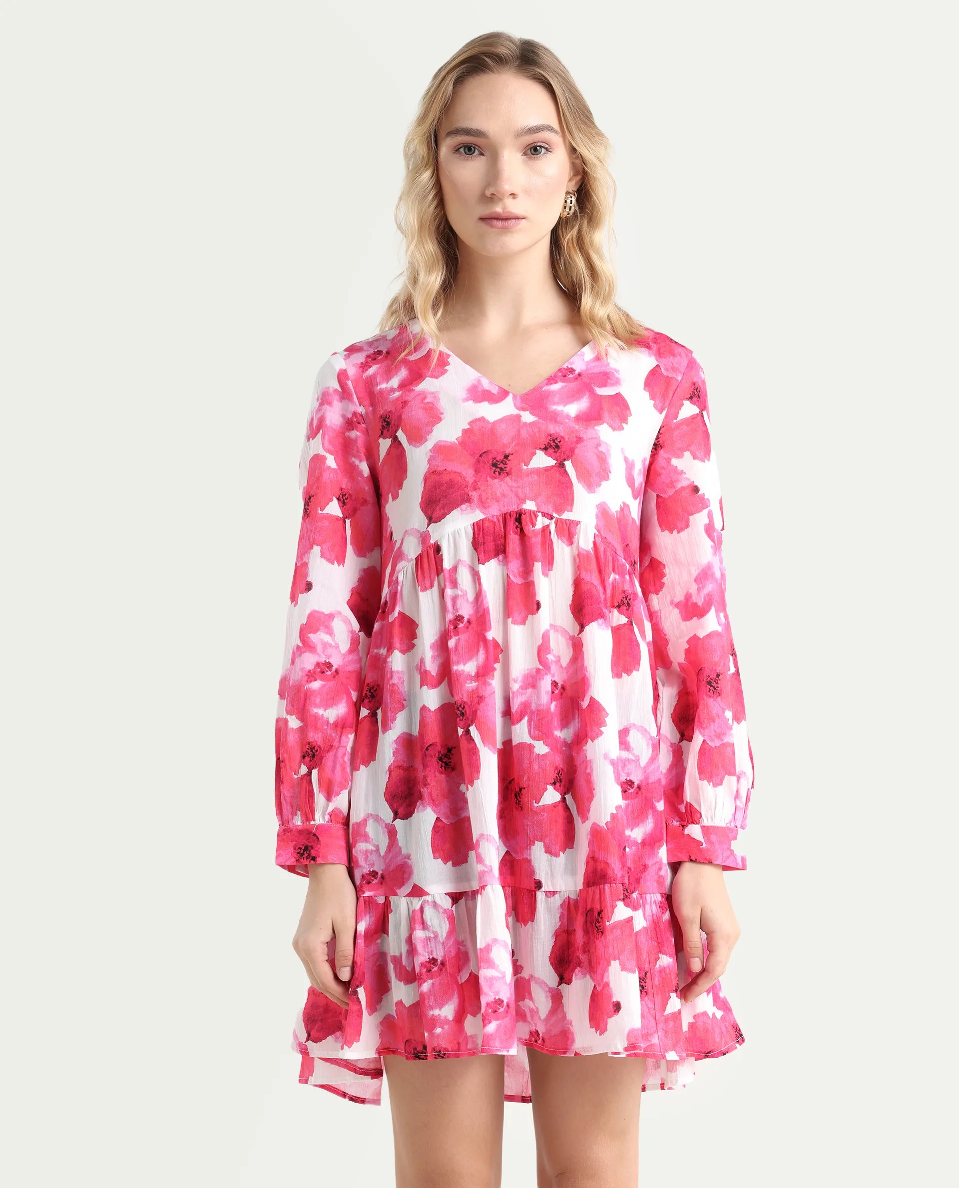 Rareism Women's Valan Pink Cotton V-Neck Floral Print Mini Fit And Flare Dress
