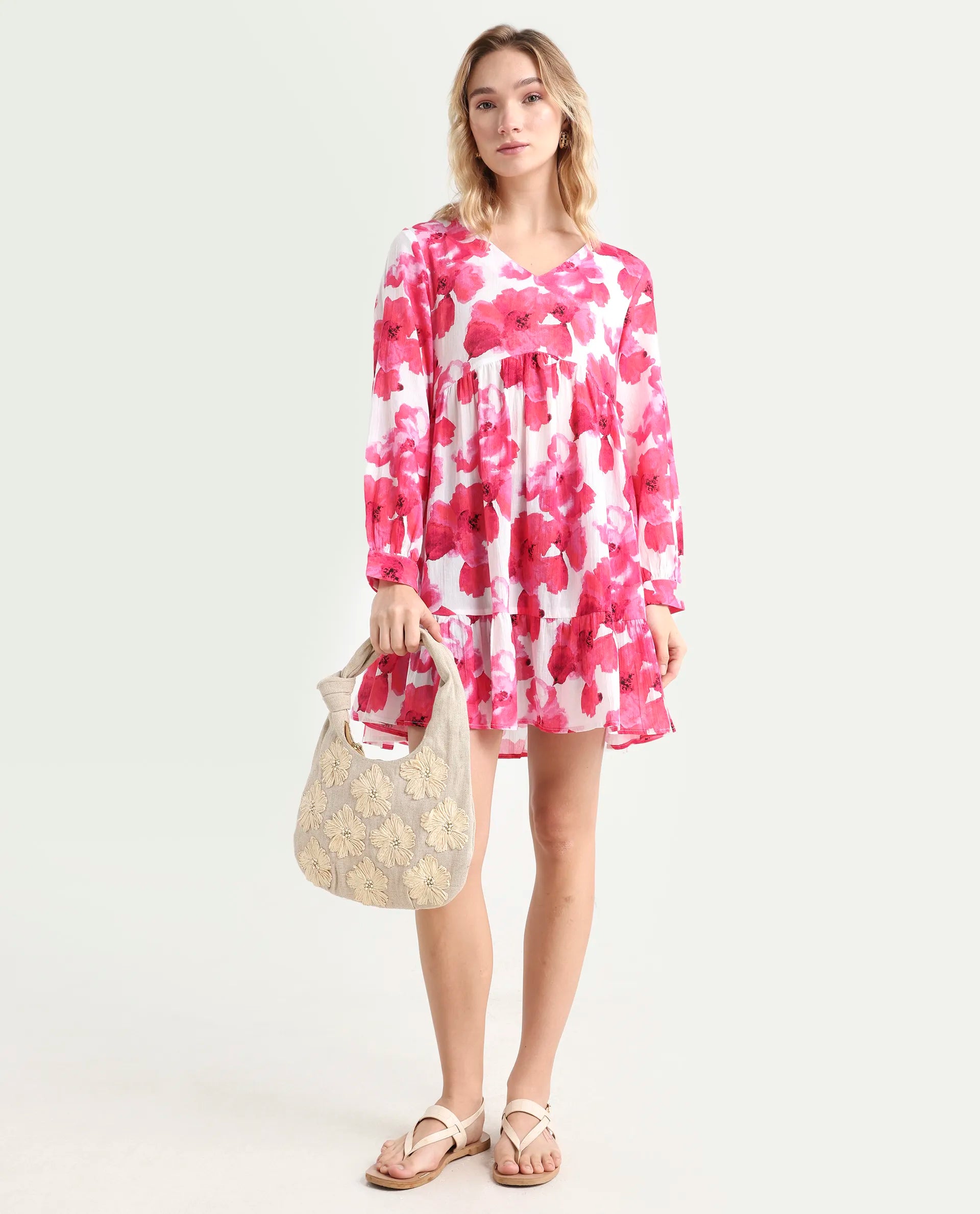 Rareism Women's Valan Pink Cotton V-Neck Floral Print Mini Fit And Flare Dress