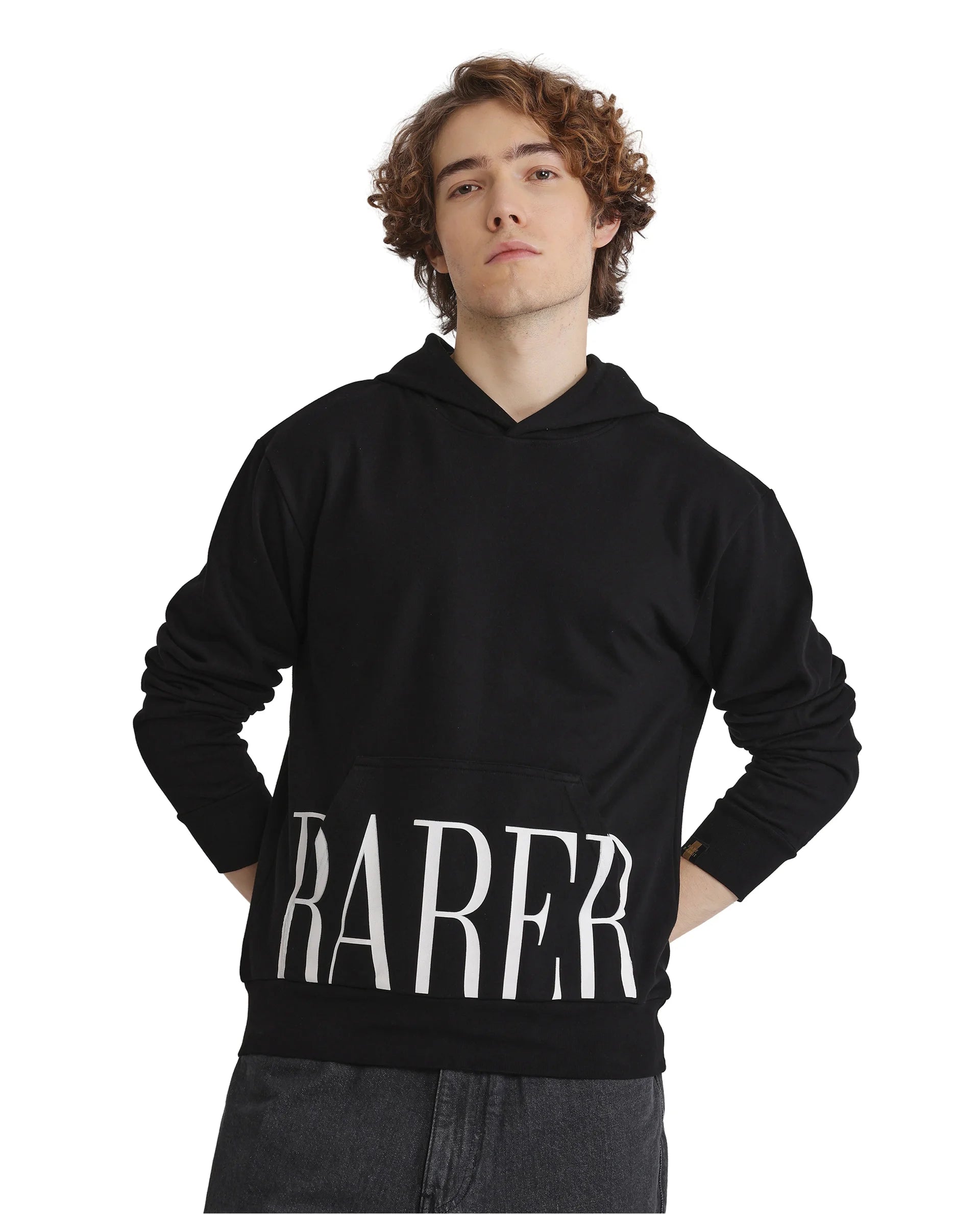 Rare Rabbit Men Vale Black Cotton Polyester Fabric Full Sleeve Hooded Regular Fit Printed Sweatshirt