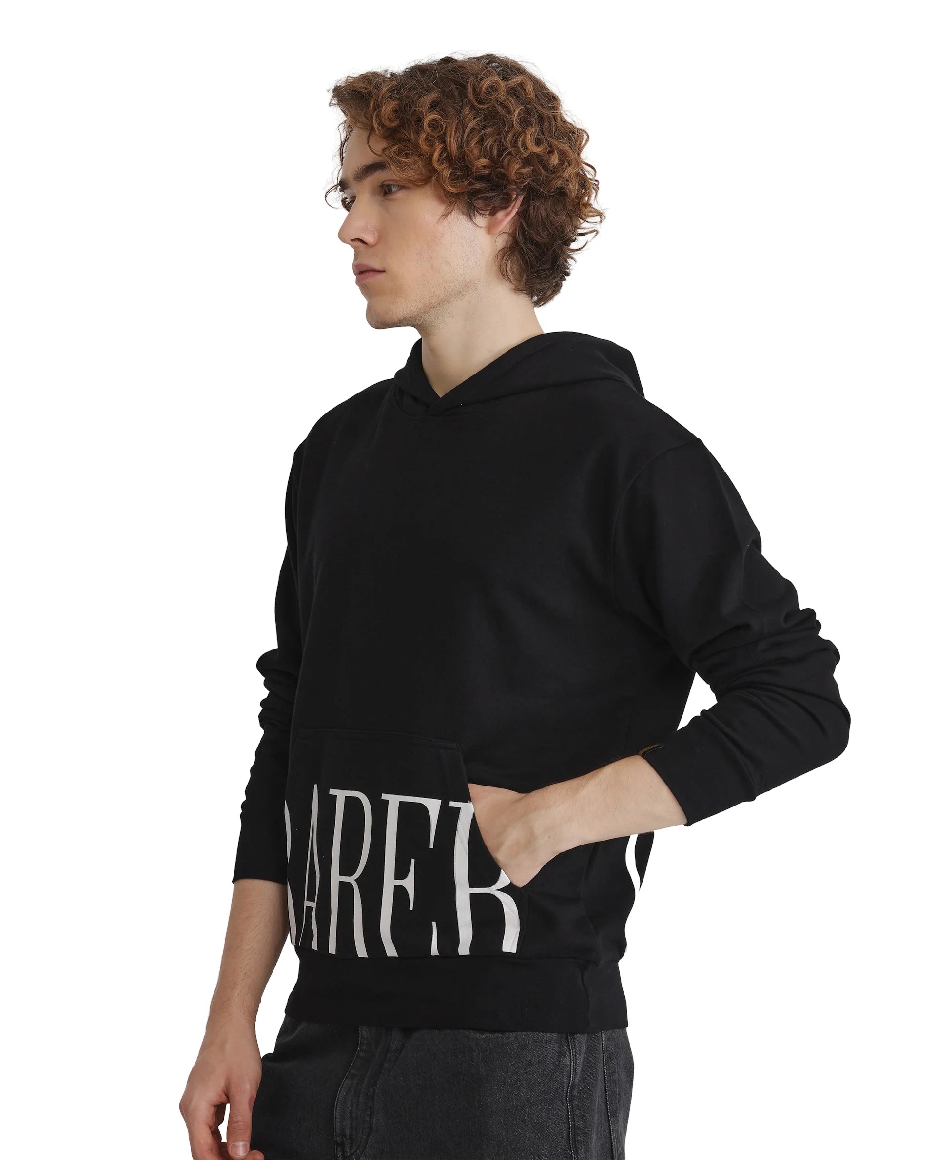 Rare Rabbit Men Vale Black Cotton Polyester Fabric Full Sleeve Hooded Regular Fit Printed Sweatshirt