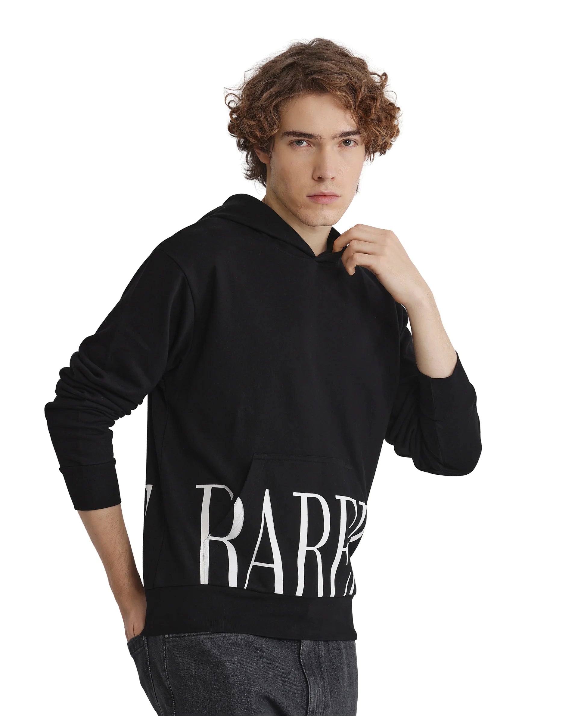 Rare Rabbit Men Vale Black Cotton Polyester Fabric Full Sleeve Hooded Regular Fit Printed Sweatshirt