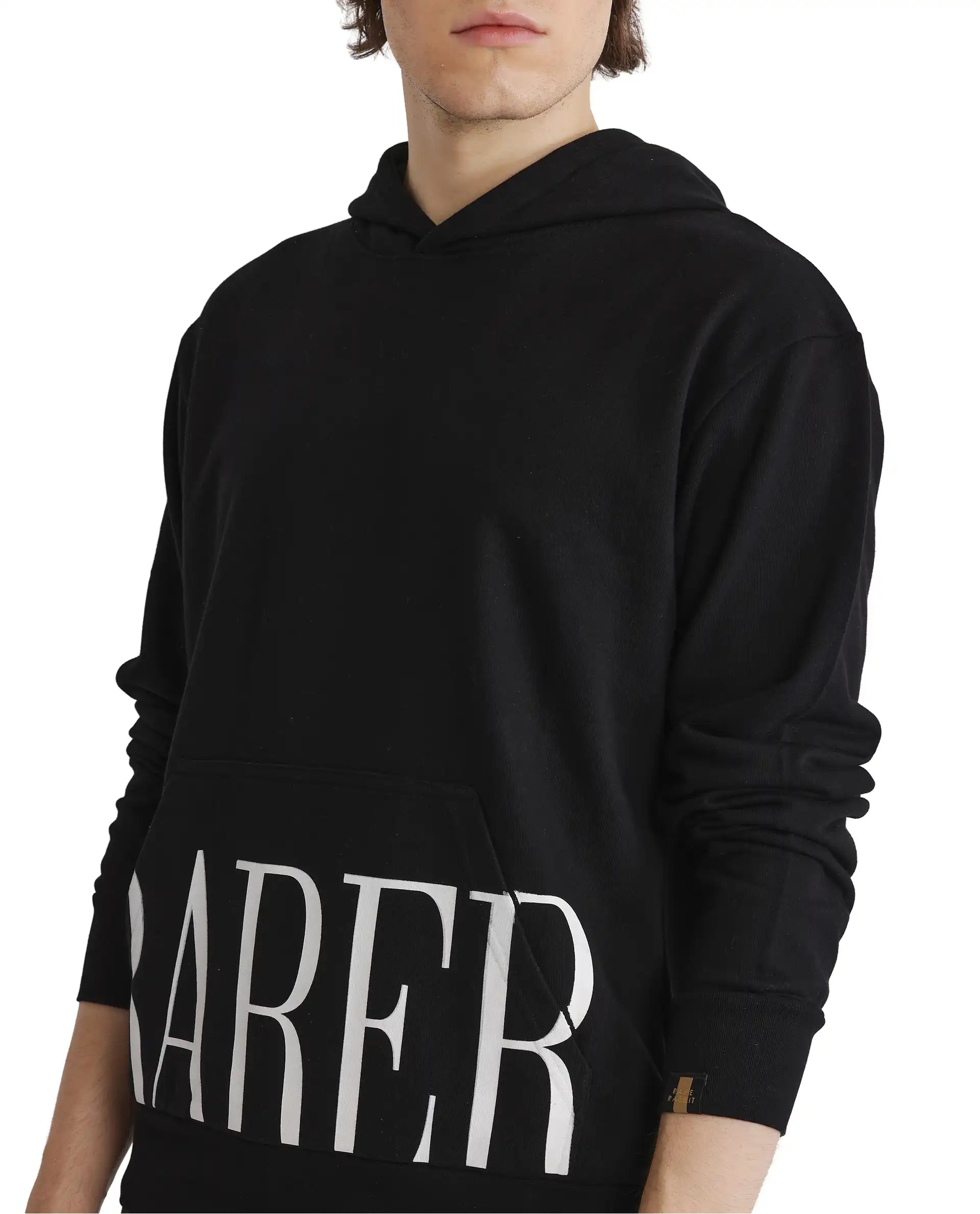 Rare Rabbit Men Vale Black Cotton Polyester Fabric Full Sleeve Hooded Regular Fit Printed Sweatshirt