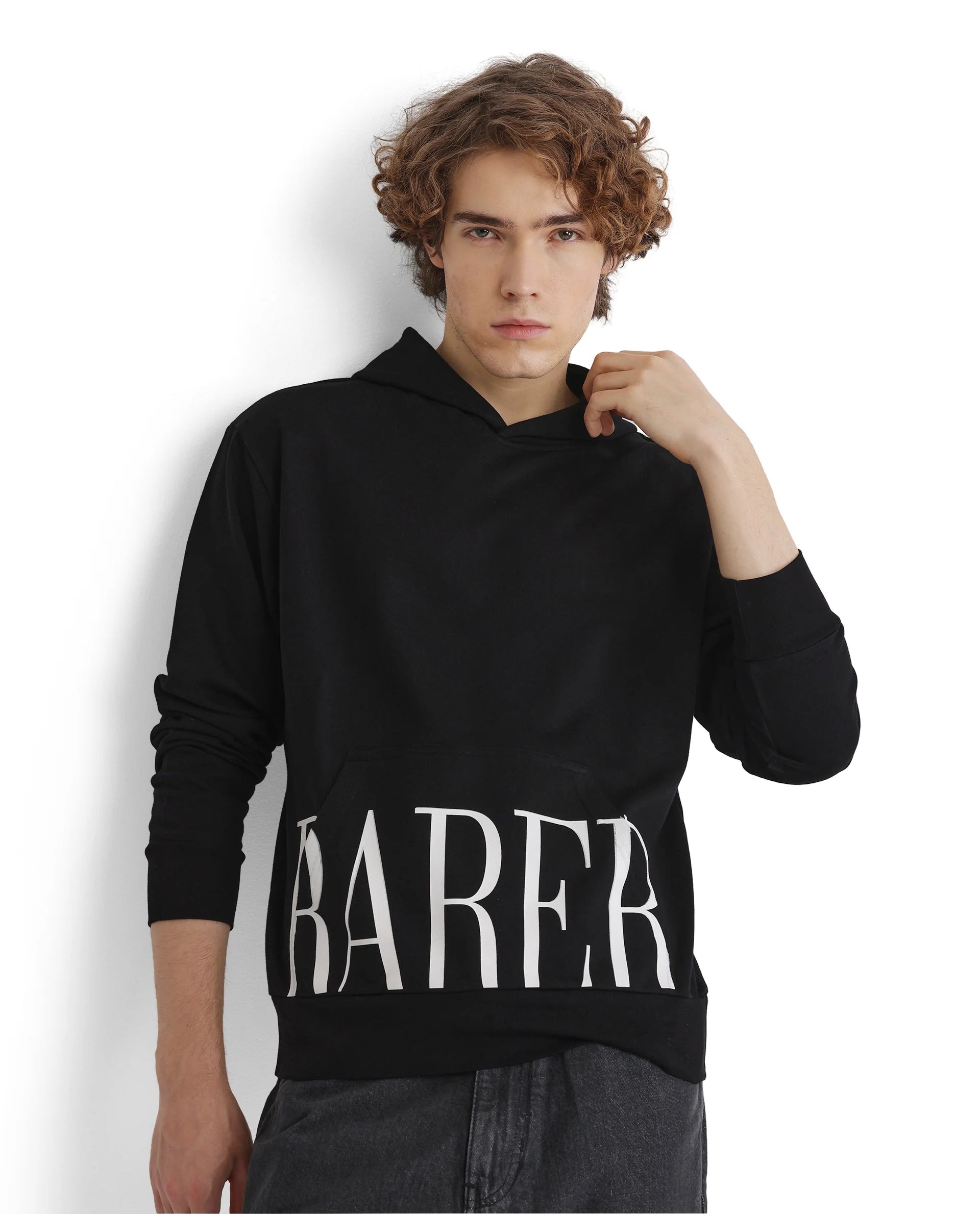 Rare Rabbit Men Vale Black Cotton Polyester Fabric Full Sleeve Hooded Regular Fit Printed Sweatshirt