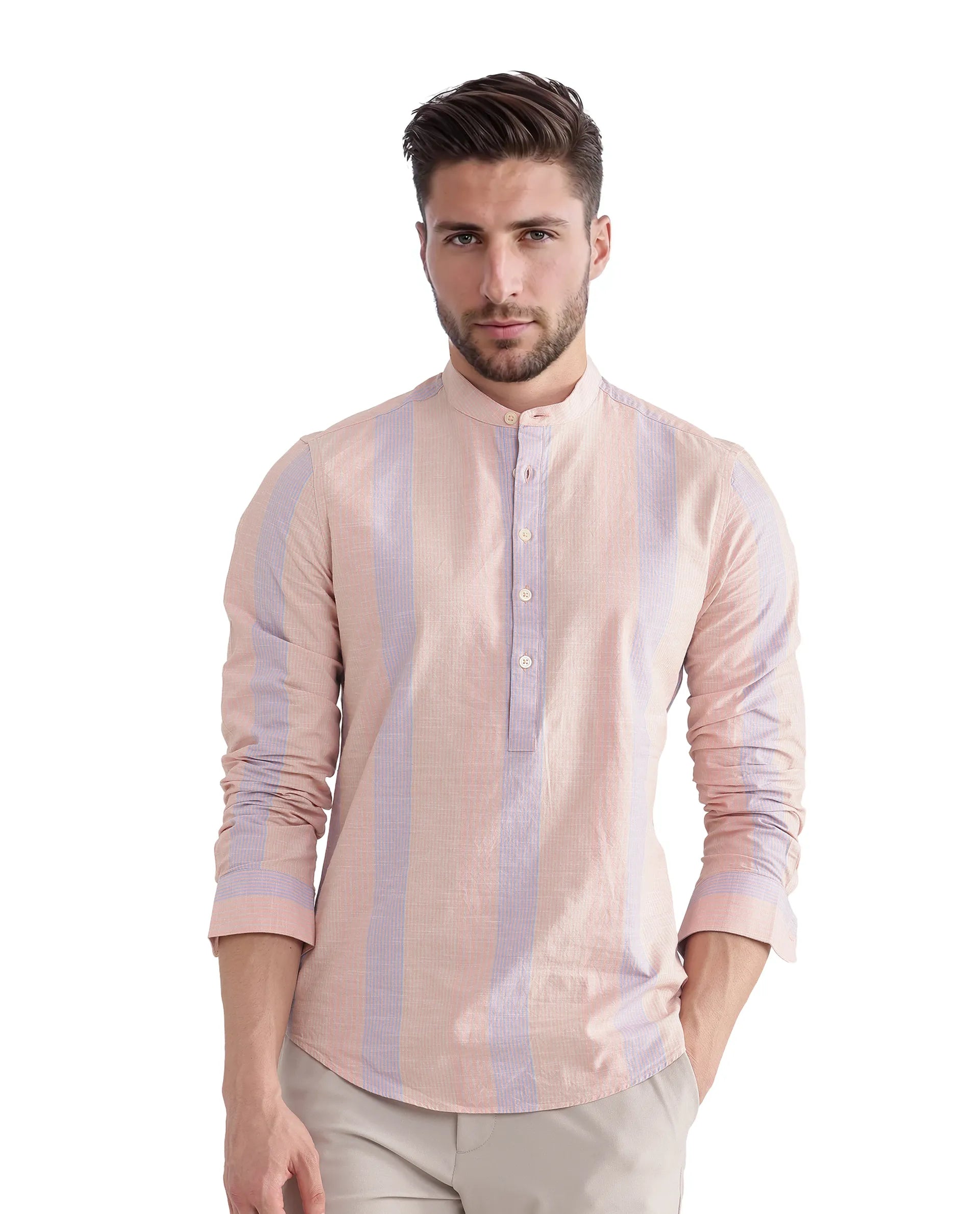 Rare Rabbit Men Vale Light Orange Full Sleeve Mandarin Collared Button Closure Striped Shirt