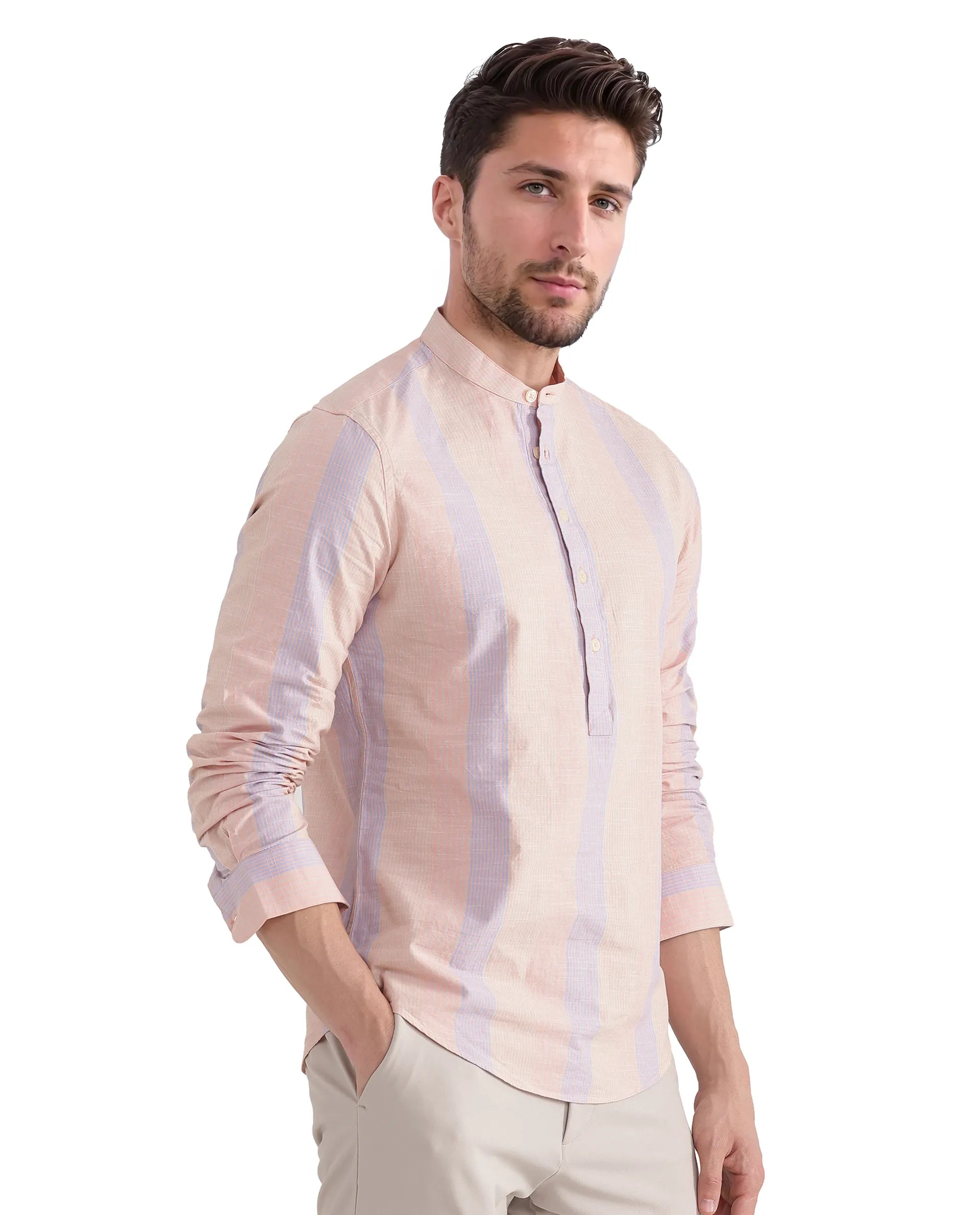 Rare Rabbit Men Vale Light Orange Full Sleeve Mandarin Collared Button Closure Striped Shirt