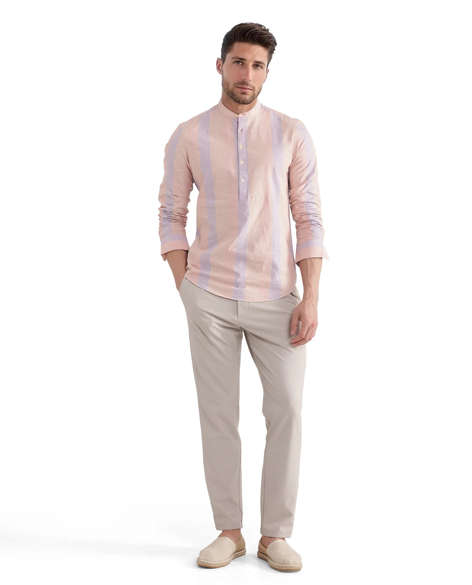 Rare Rabbit Men Vale Light Orange Full Sleeve Mandarin Collared Button Closure Striped Shirt