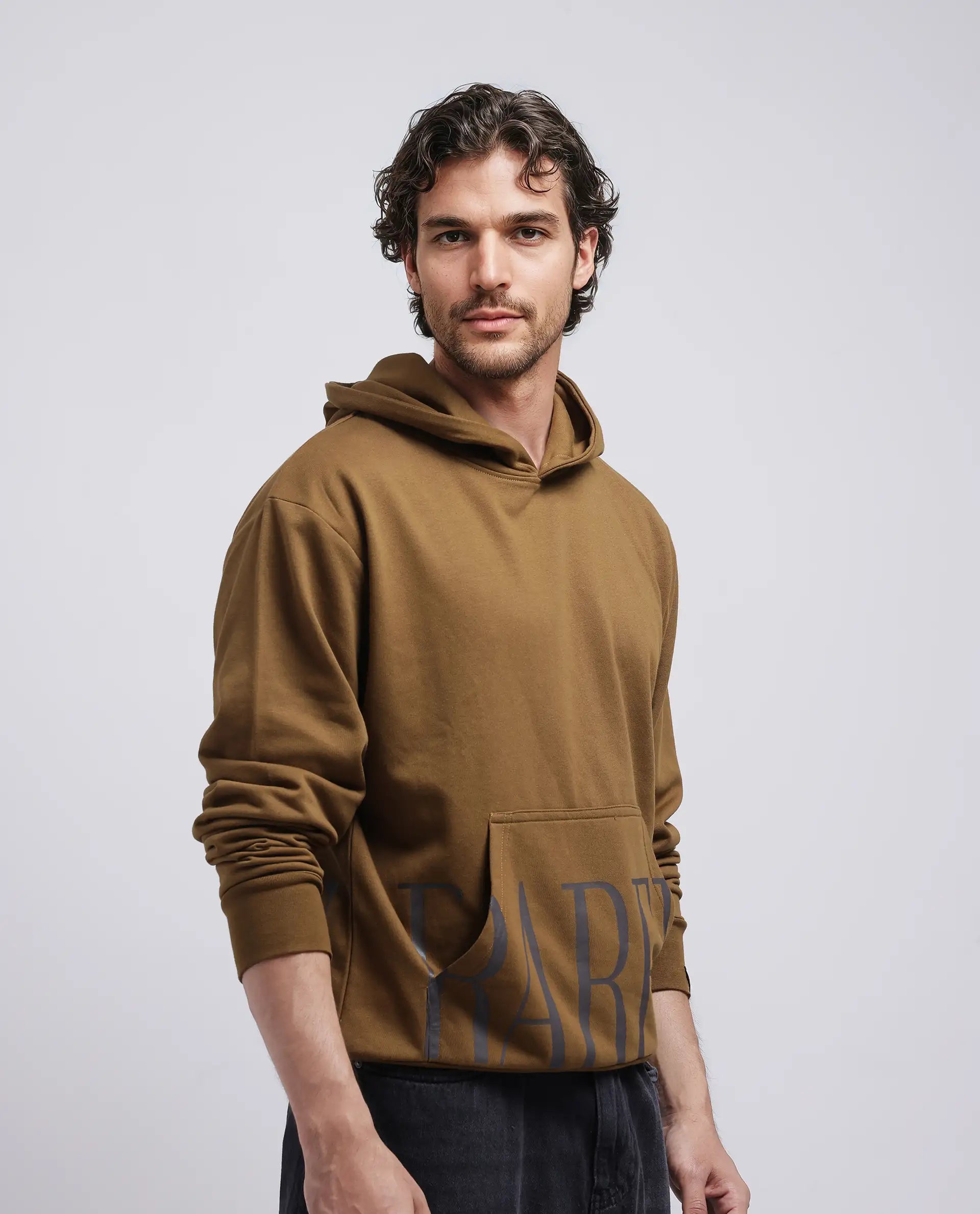 Rare Rabbit Men Vale Olive Cotton Polyester Fabric Full Sleeve Hooded Regular Fit Printed Sweatshirt