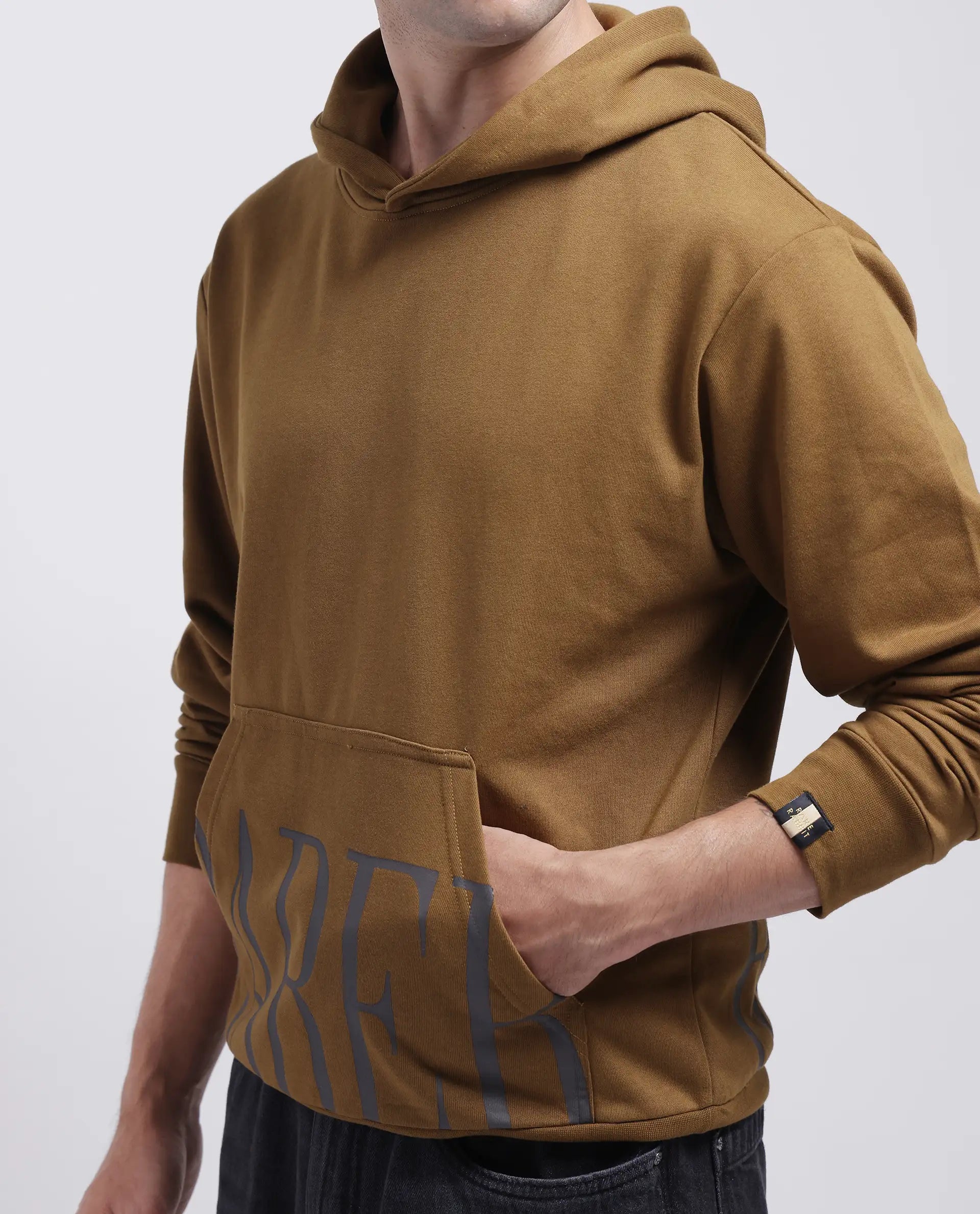 Rare Rabbit Men Vale Olive Cotton Polyester Fabric Full Sleeve Hooded Regular Fit Printed Sweatshirt