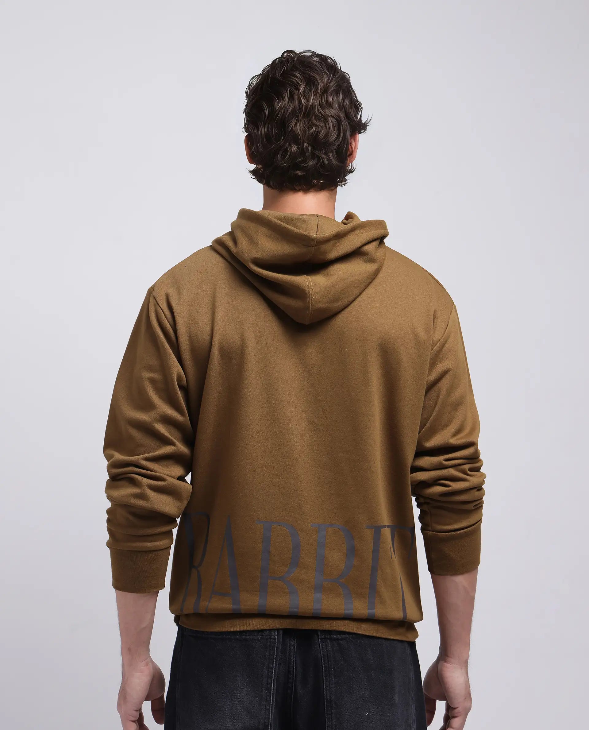 Rare Rabbit Men Vale Olive Cotton Polyester Fabric Full Sleeve Hooded Regular Fit Printed Sweatshirt