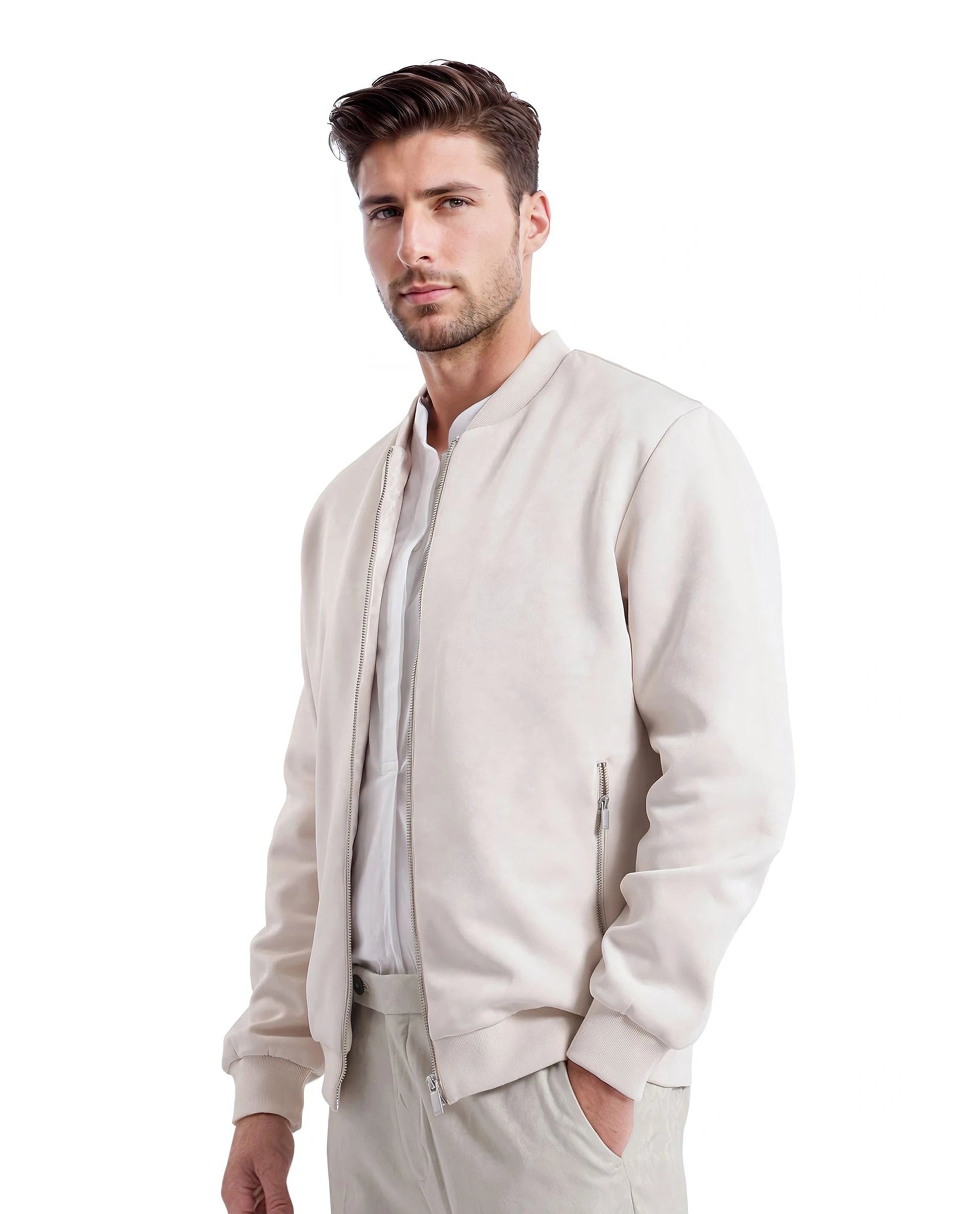 Rare Rabbit Men Vallor Beige Nylon Polyester Fabric Full Sleeve Ribbed Collar Zipper Closure Plain Bomber Jacket