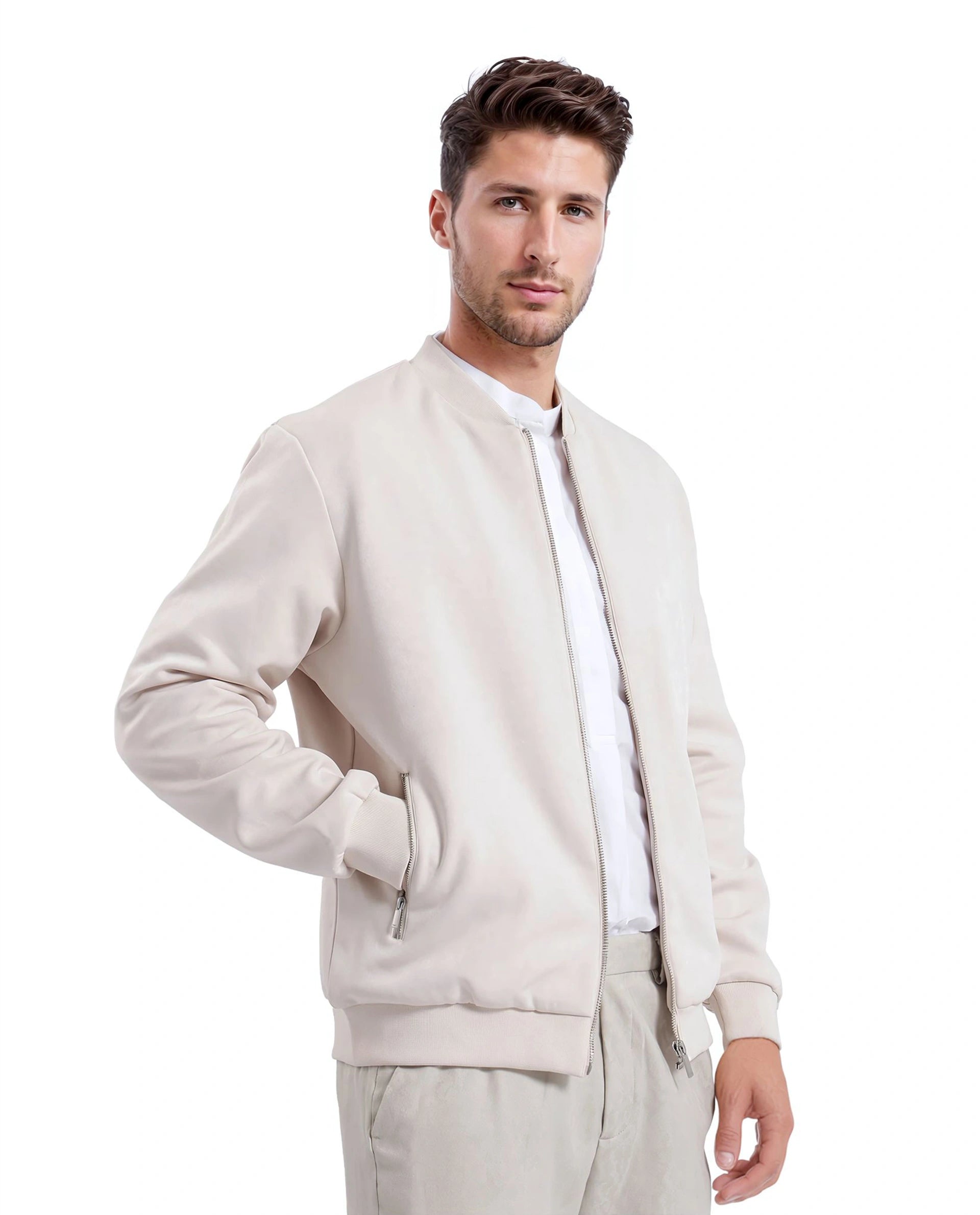 Rare Rabbit Men Vallor Beige Nylon Polyester Fabric Full Sleeve Ribbed Collar Zipper Closure Plain Bomber Jacket