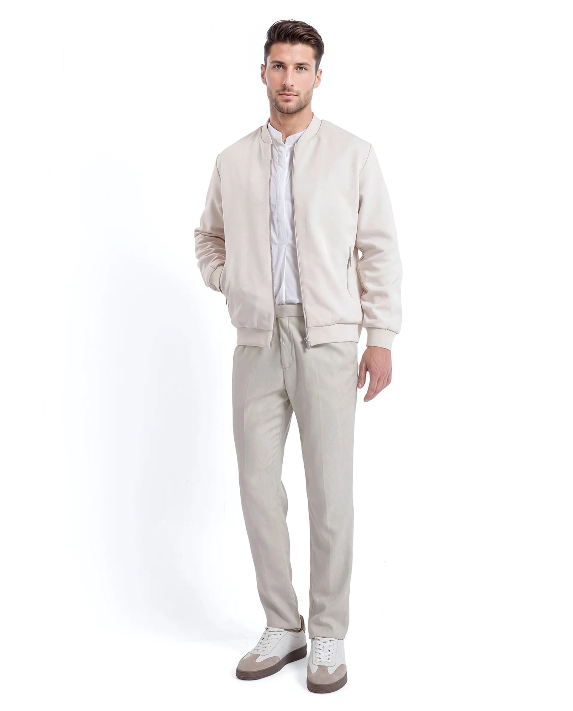 Rare Rabbit Men Vallor Beige Nylon Polyester Fabric Full Sleeve Ribbed Collar Zipper Closure Plain Bomber Jacket