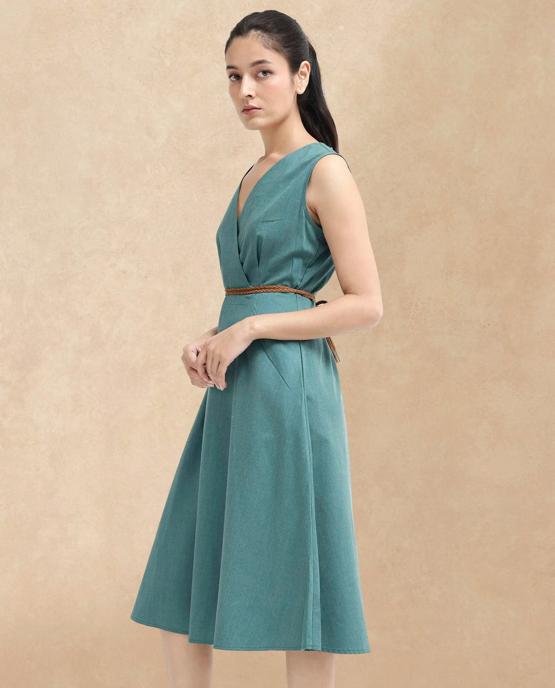Rareism Women Valmode Green Zipper Closure Sleeveless Over Lap Neck Fit And Flare Plain Midi Dress