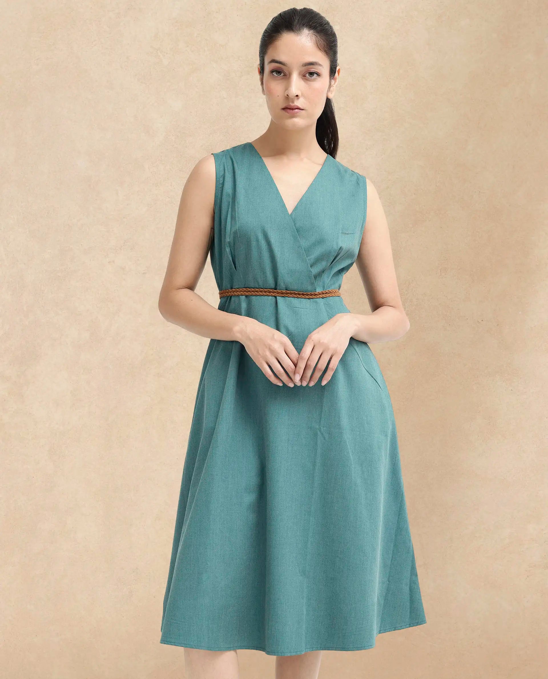 Rareism Women Valmode Green Zipper Closure Sleeveless Over Lap Neck Fit And Flare Plain Midi Dress