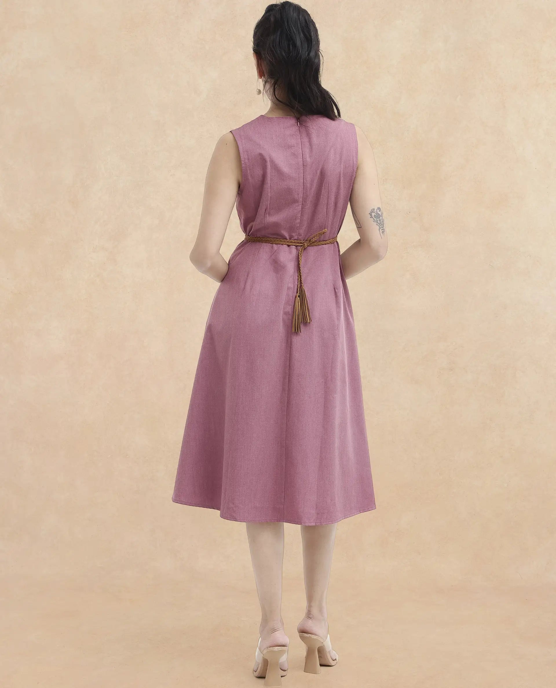 Rareism Women Valmode Dusky Pink Zipper Closure Sleeveless Over Lap Neck Fit And Flare Plain Midi Dress