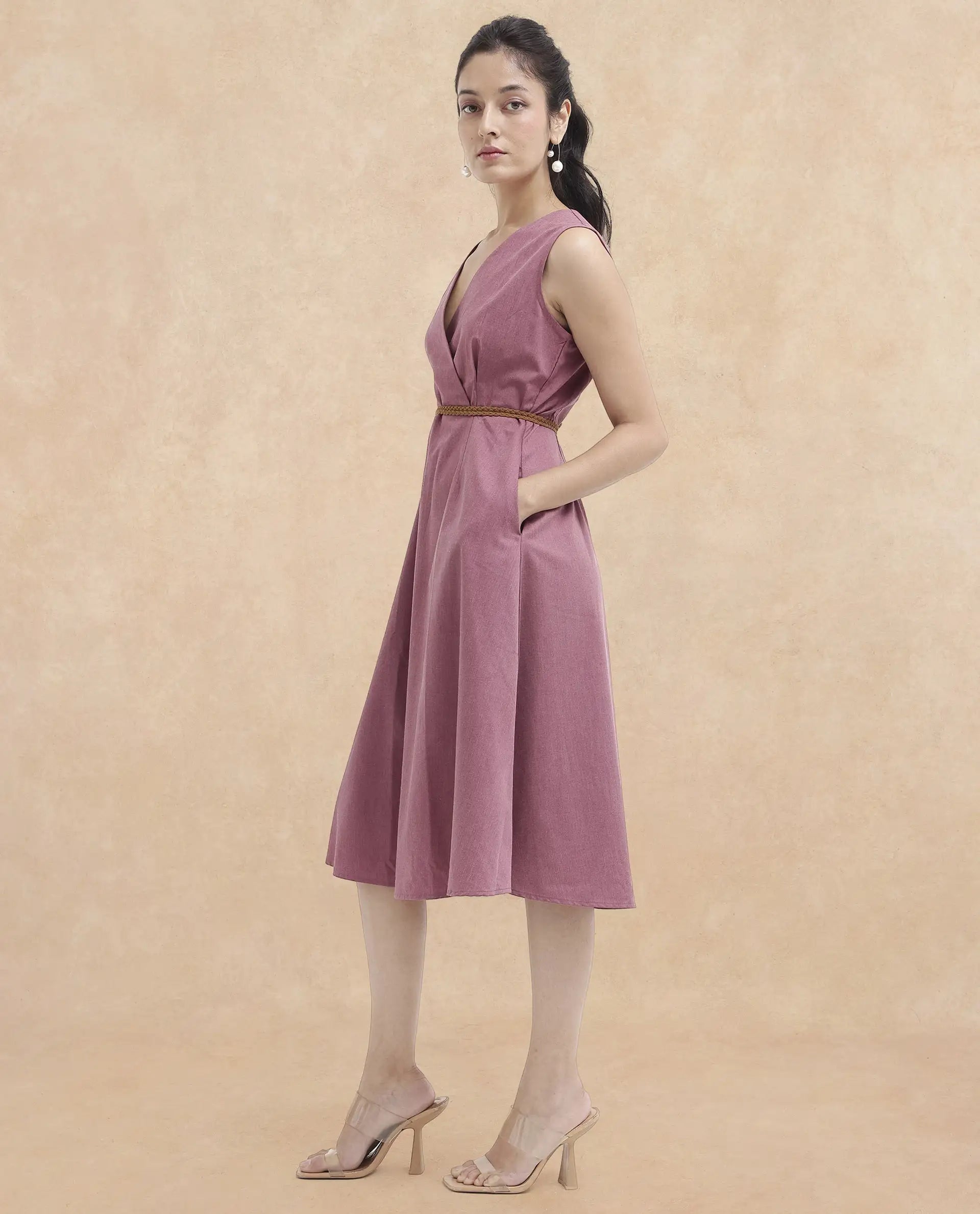 Rareism Women Valmode Dusky Pink Zipper Closure Sleeveless Over Lap Neck Fit And Flare Plain Midi Dress
