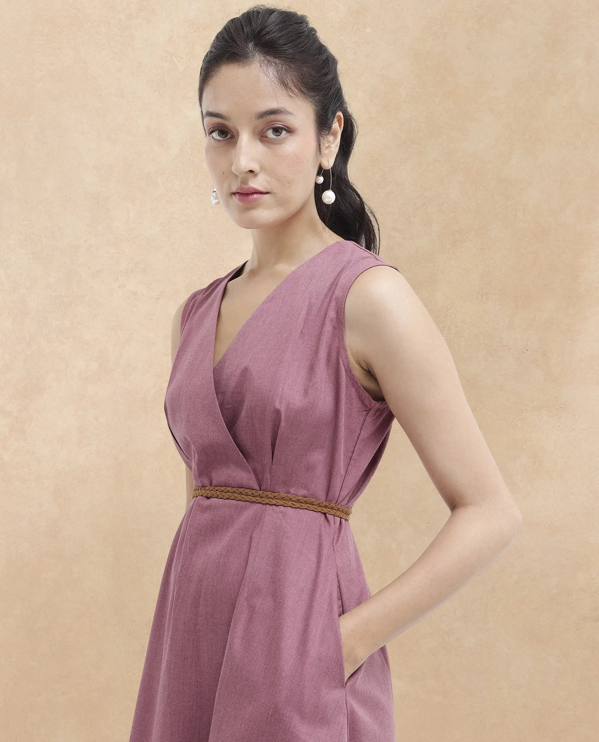 Rareism Women Valmode Dusky Pink Zipper Closure Sleeveless Over Lap Neck Fit And Flare Plain Midi Dress