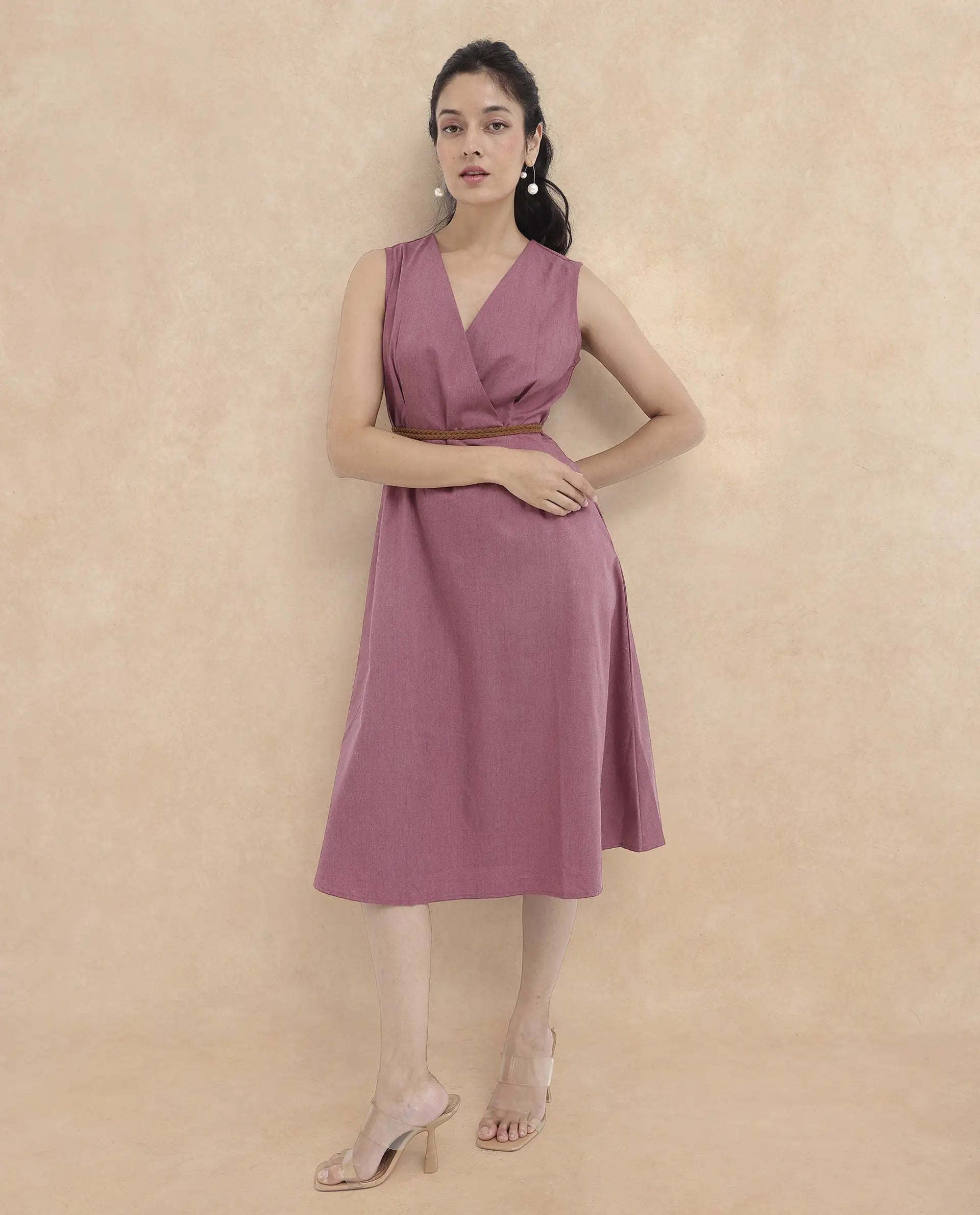 Rareism Women Valmode Dusky Pink Zipper Closure Sleeveless Over Lap Neck Fit And Flare Plain Midi Dress