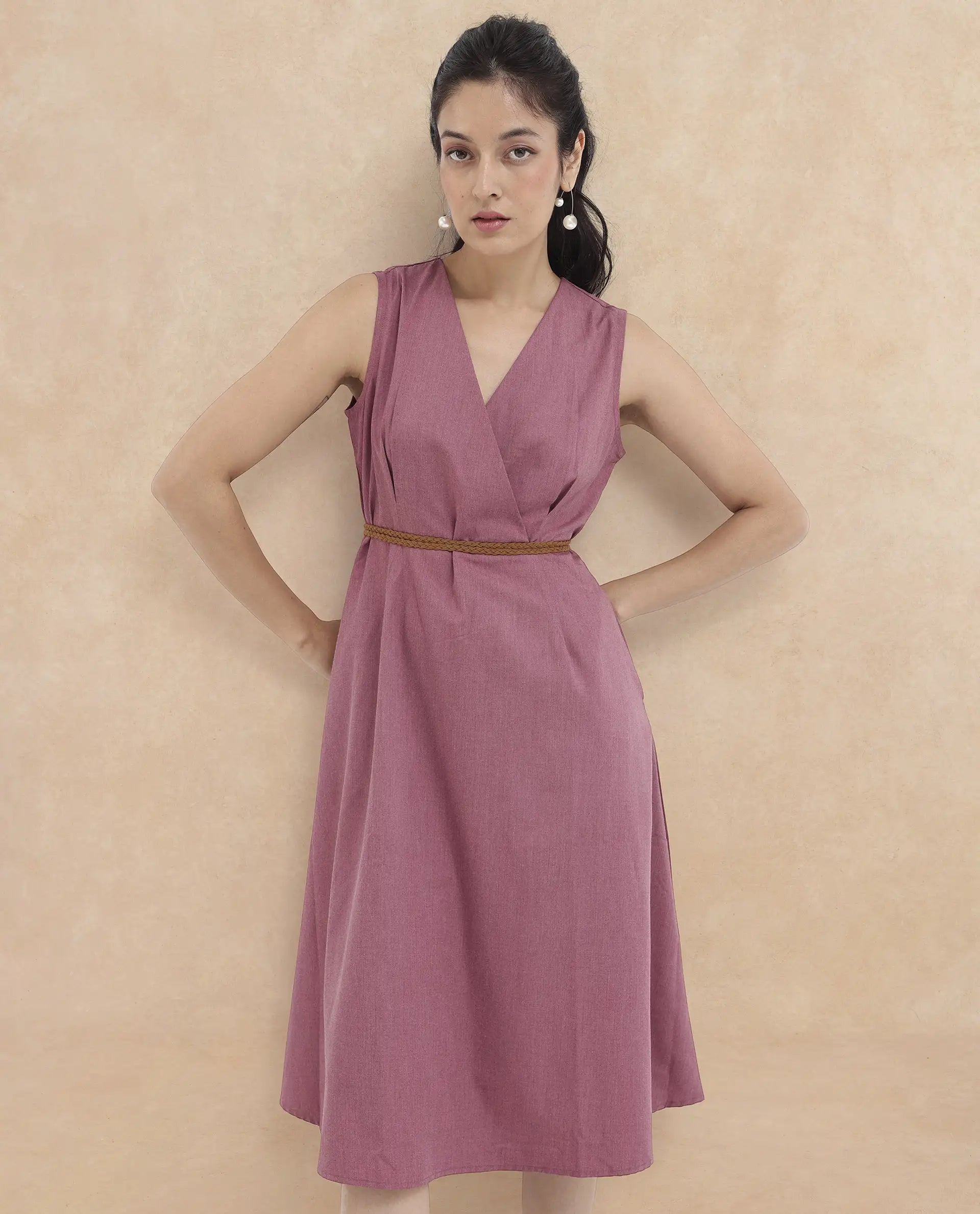 Rareism Women Valmode Dusky Pink Zipper Closure Sleeveless Over Lap Neck Fit And Flare Plain Midi Dress
