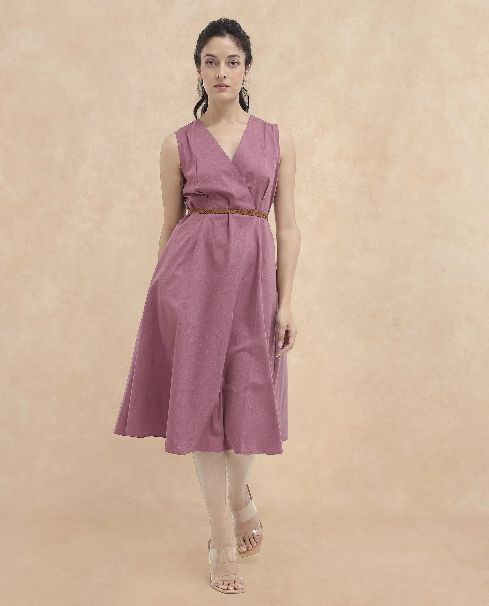 Rareism Women Valmode Dusky Pink Zipper Closure Sleeveless Over Lap Neck Fit And Flare Plain Midi Dress