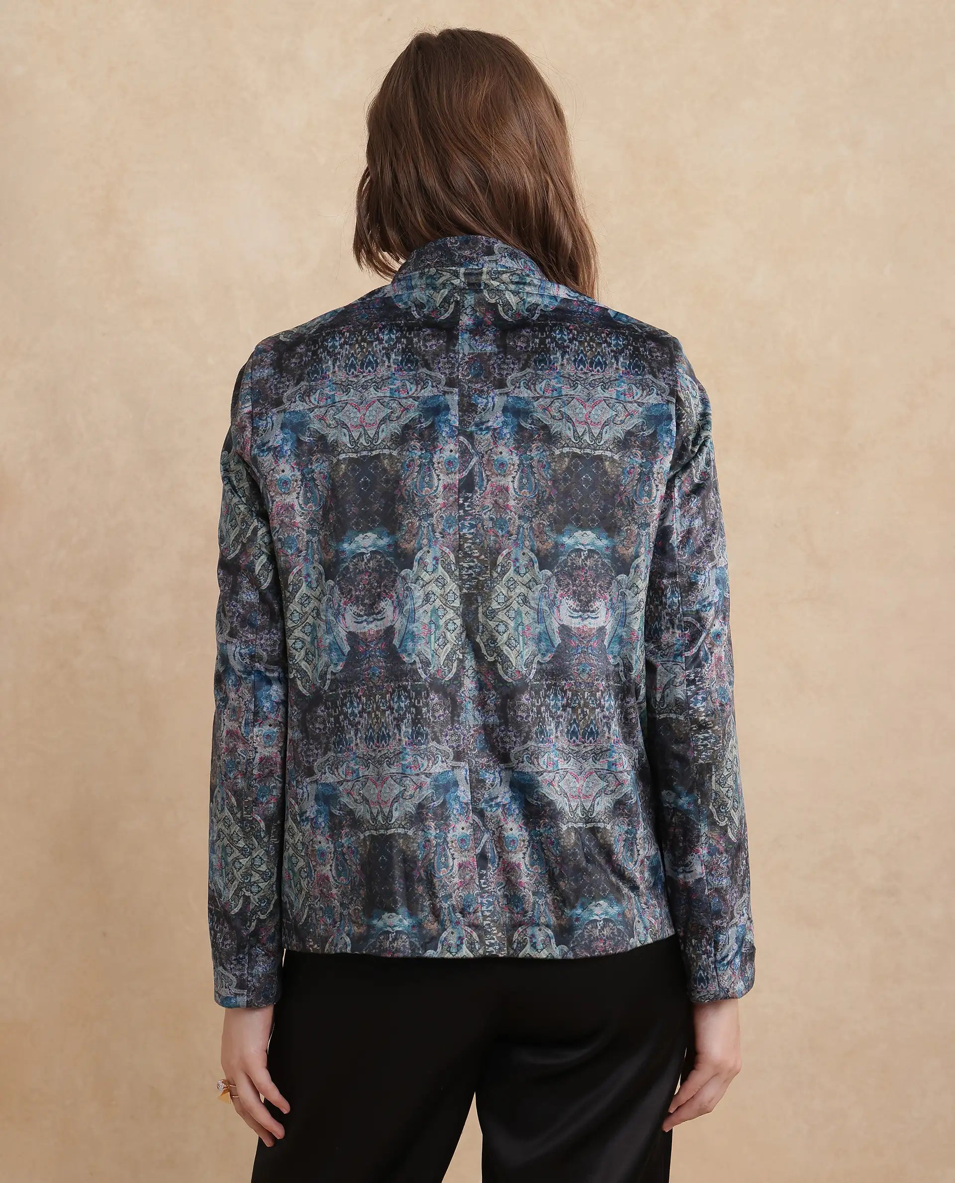 Rareism Women Valorie Multi Velvet Cuffed Sleeve V-Neck Hook Closure Abstract Print Blazer