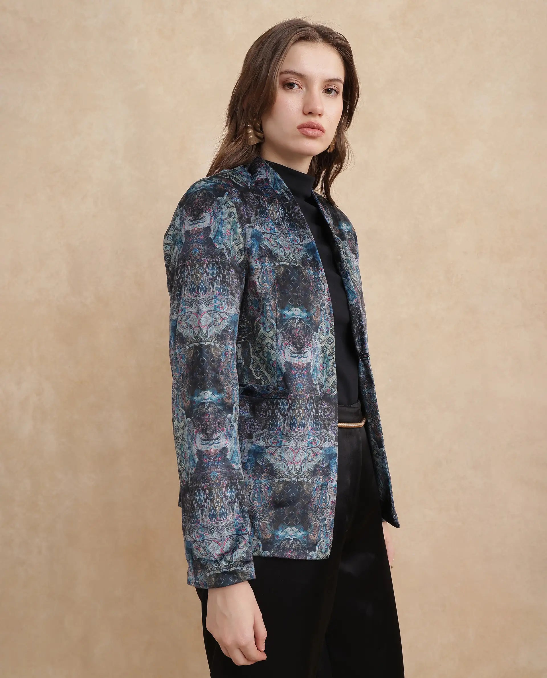 Rareism Women Valorie Multi Velvet Cuffed Sleeve V-Neck Hook Closure Abstract Print Blazer