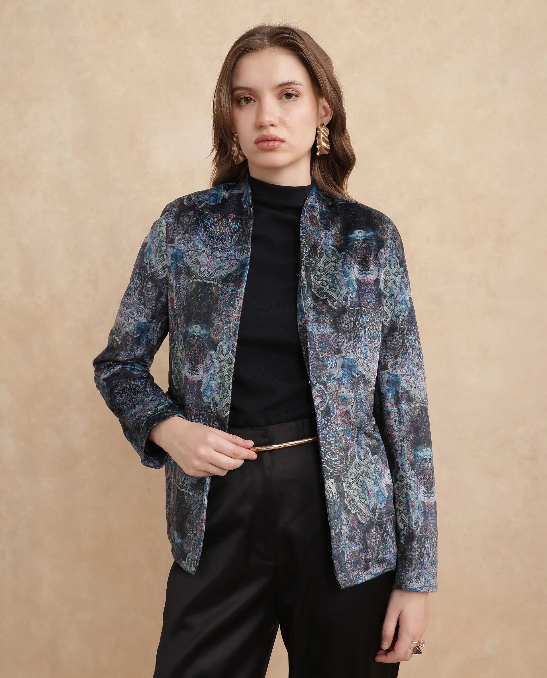 Rareism Women Valorie Multi Velvet Cuffed Sleeve V-Neck Hook Closure Abstract Print Blazer