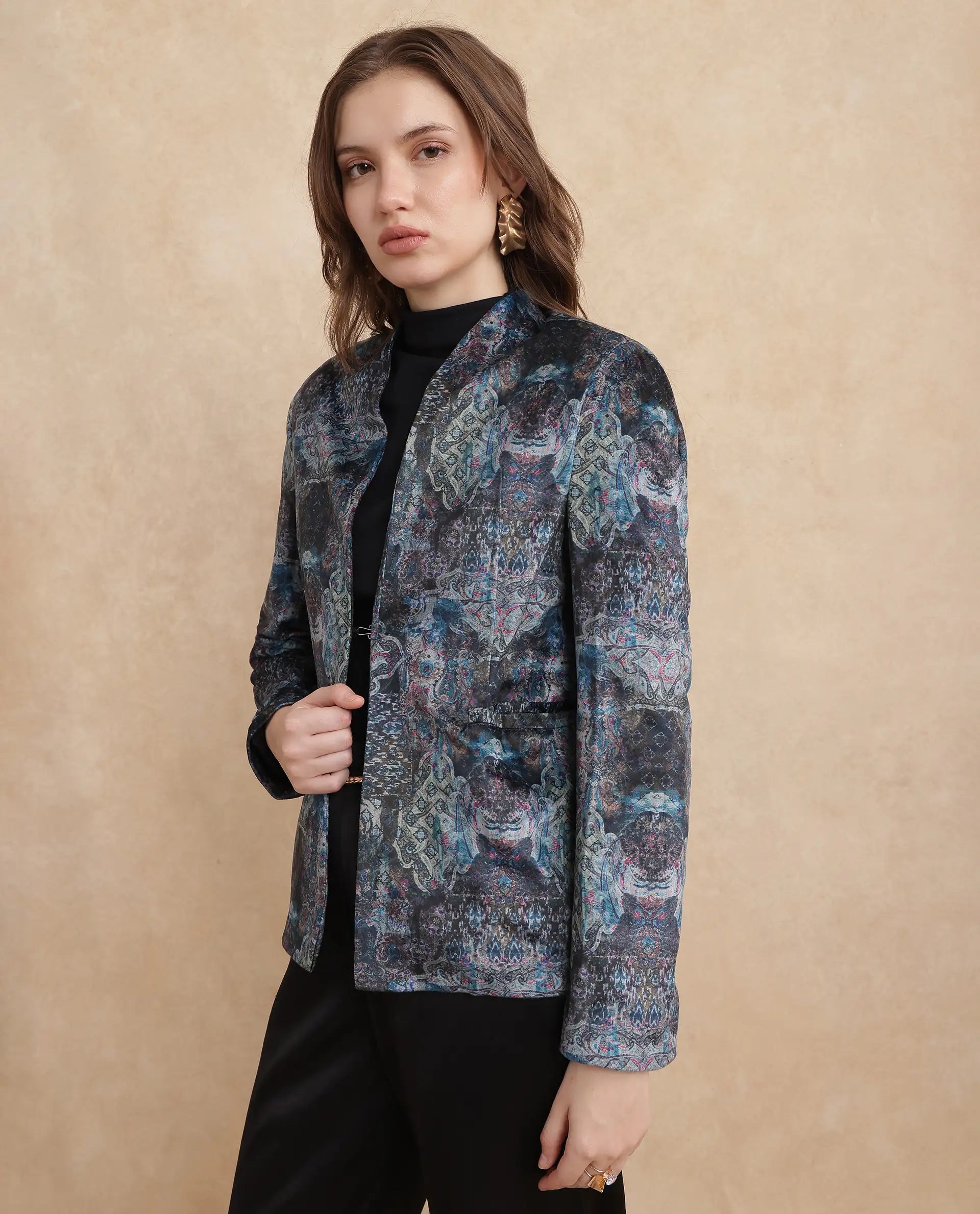 Rareism Women Valorie Multi Velvet Cuffed Sleeve V-Neck Hook Closure Abstract Print Blazer
