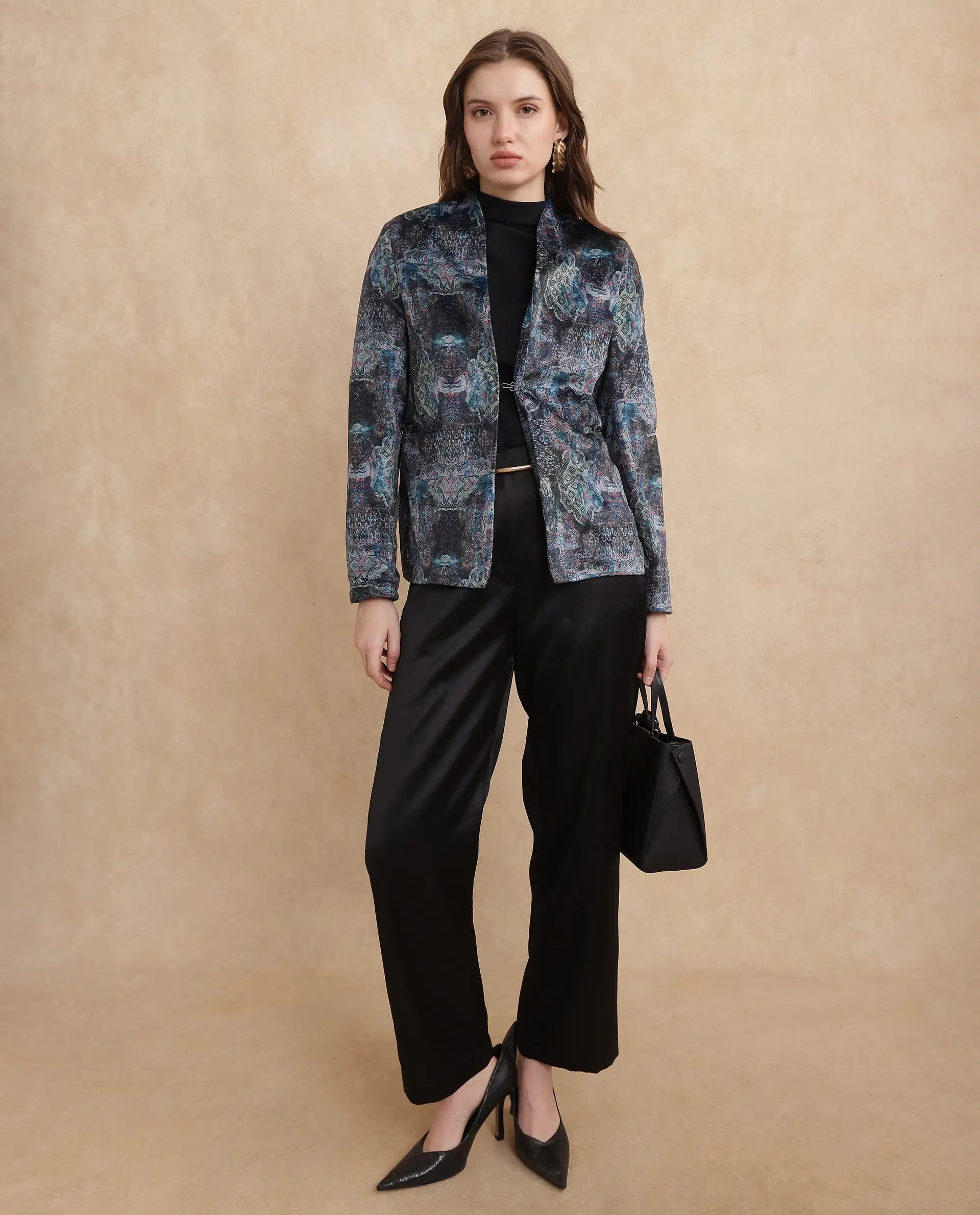 Rareism Women Valorie Multi Velvet Cuffed Sleeve V-Neck Hook Closure Abstract Print Blazer