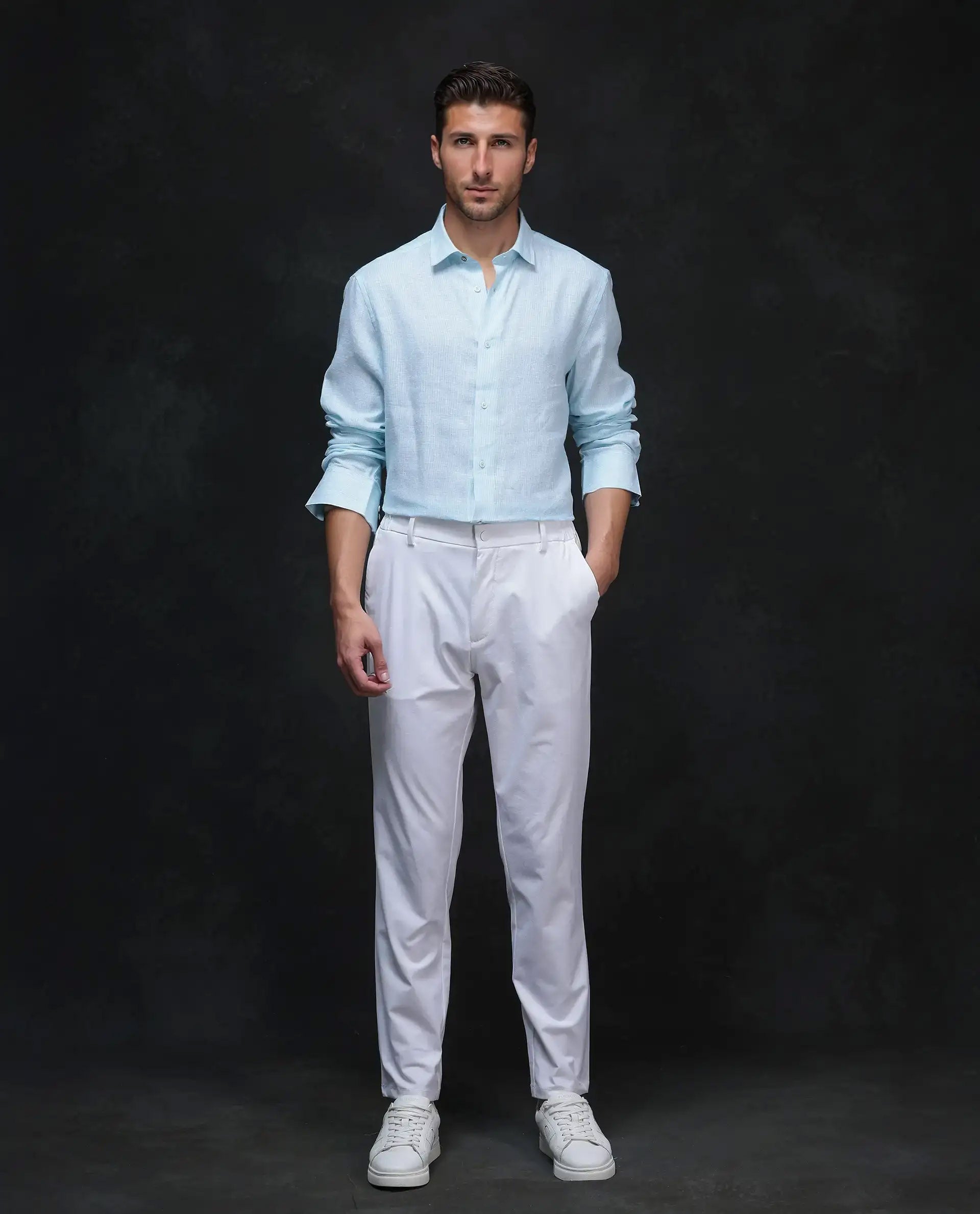 Rare Rabbit Men's Valt Light Aqua Linen Blend Plain Regular Fit Full Sleeve Collared Shirt